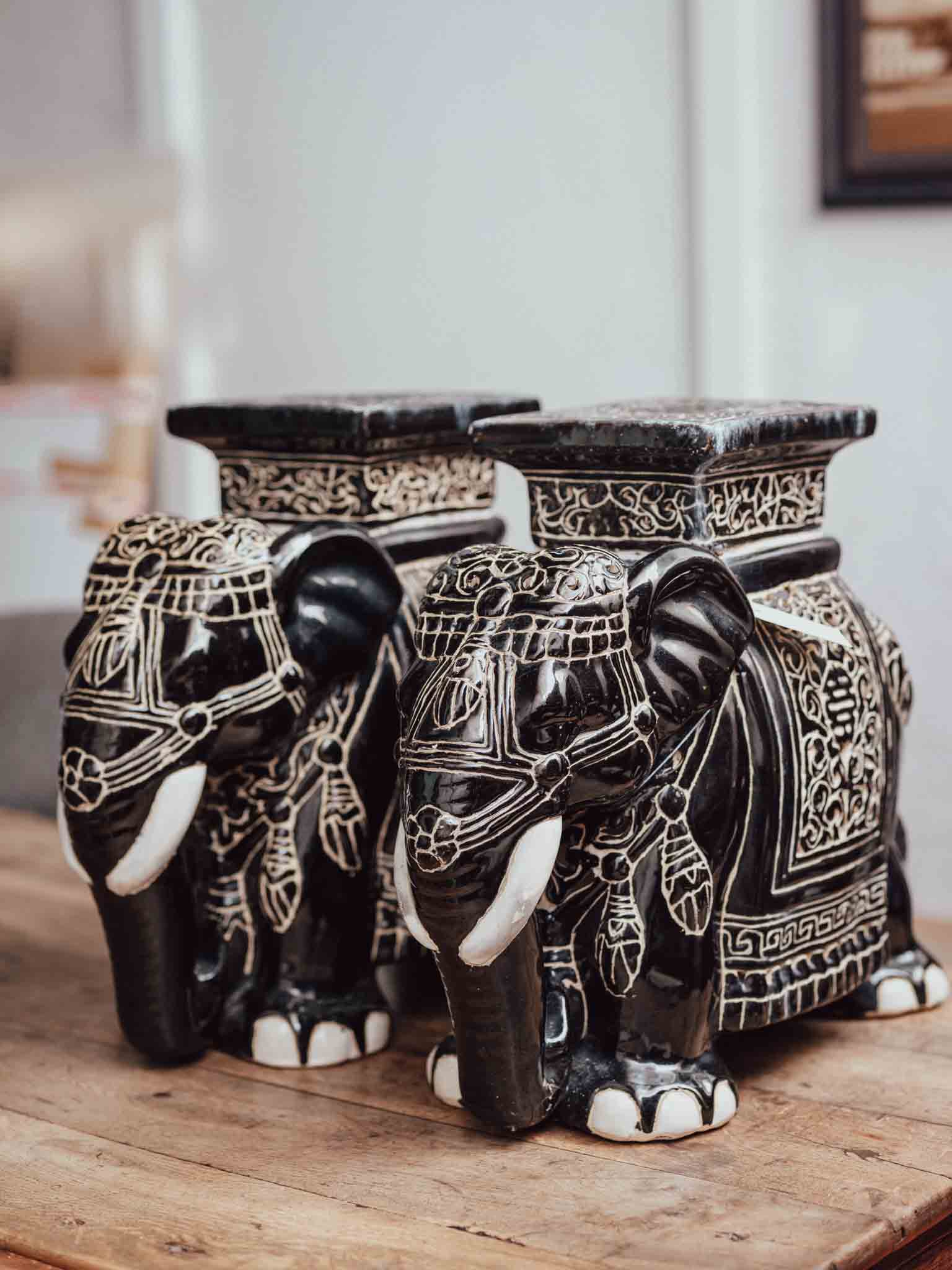 Vintage Black and White Ceramic Elephants Pair