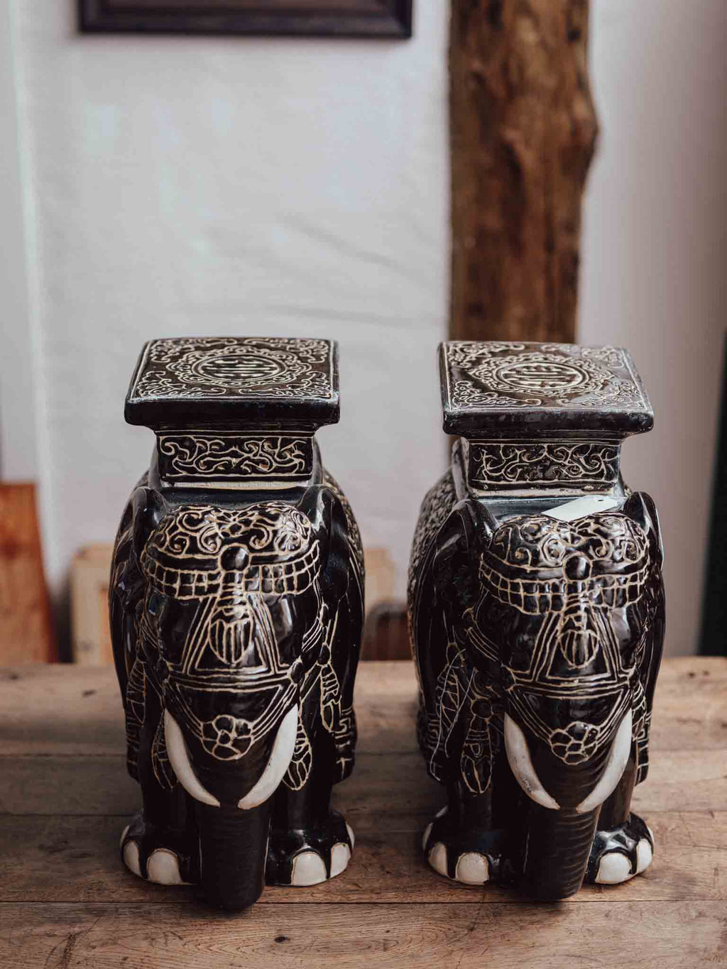 Vintage Black and White Ceramic Elephants Pair