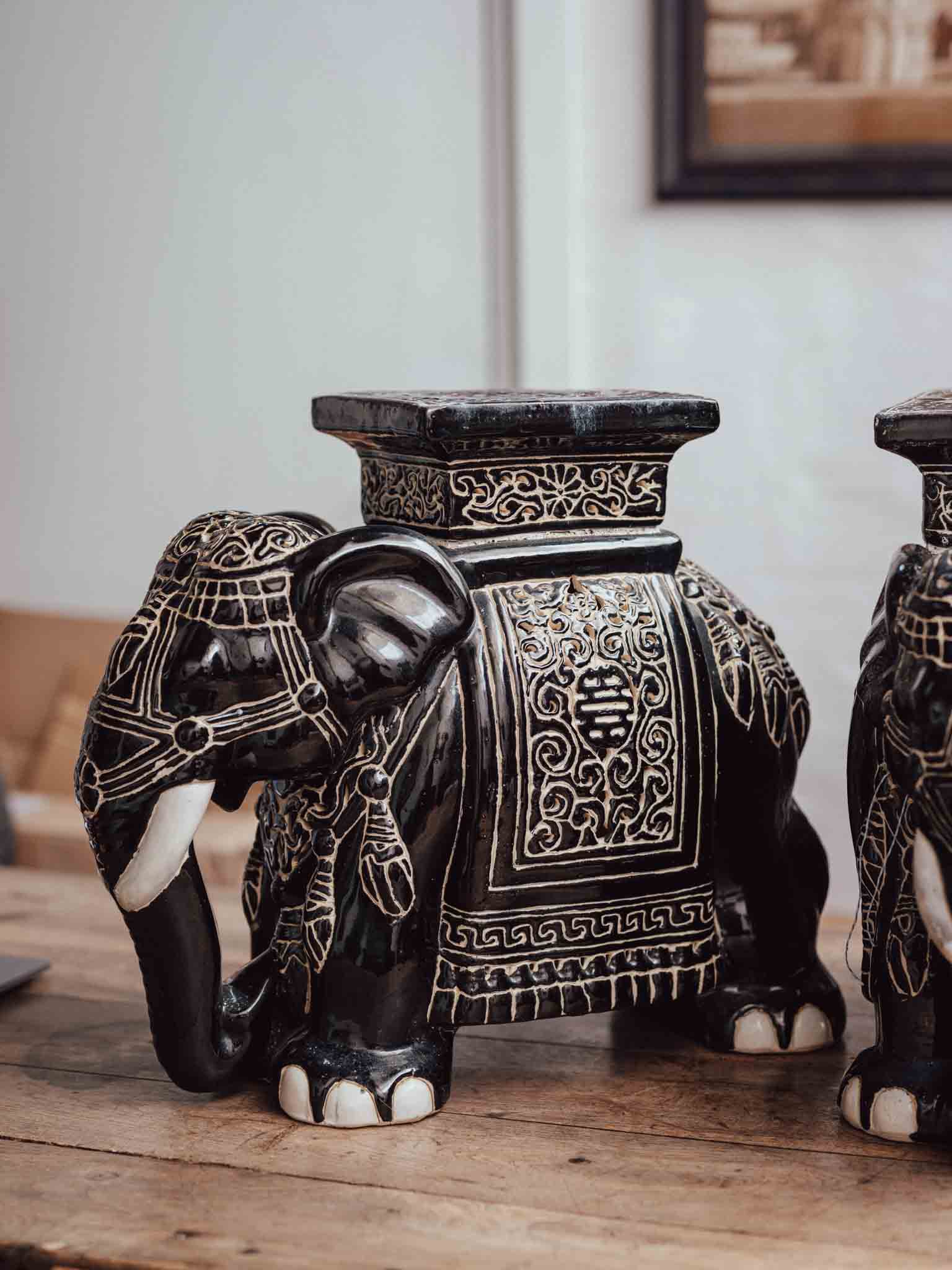 Vintage Black and White Ceramic Elephants Pair