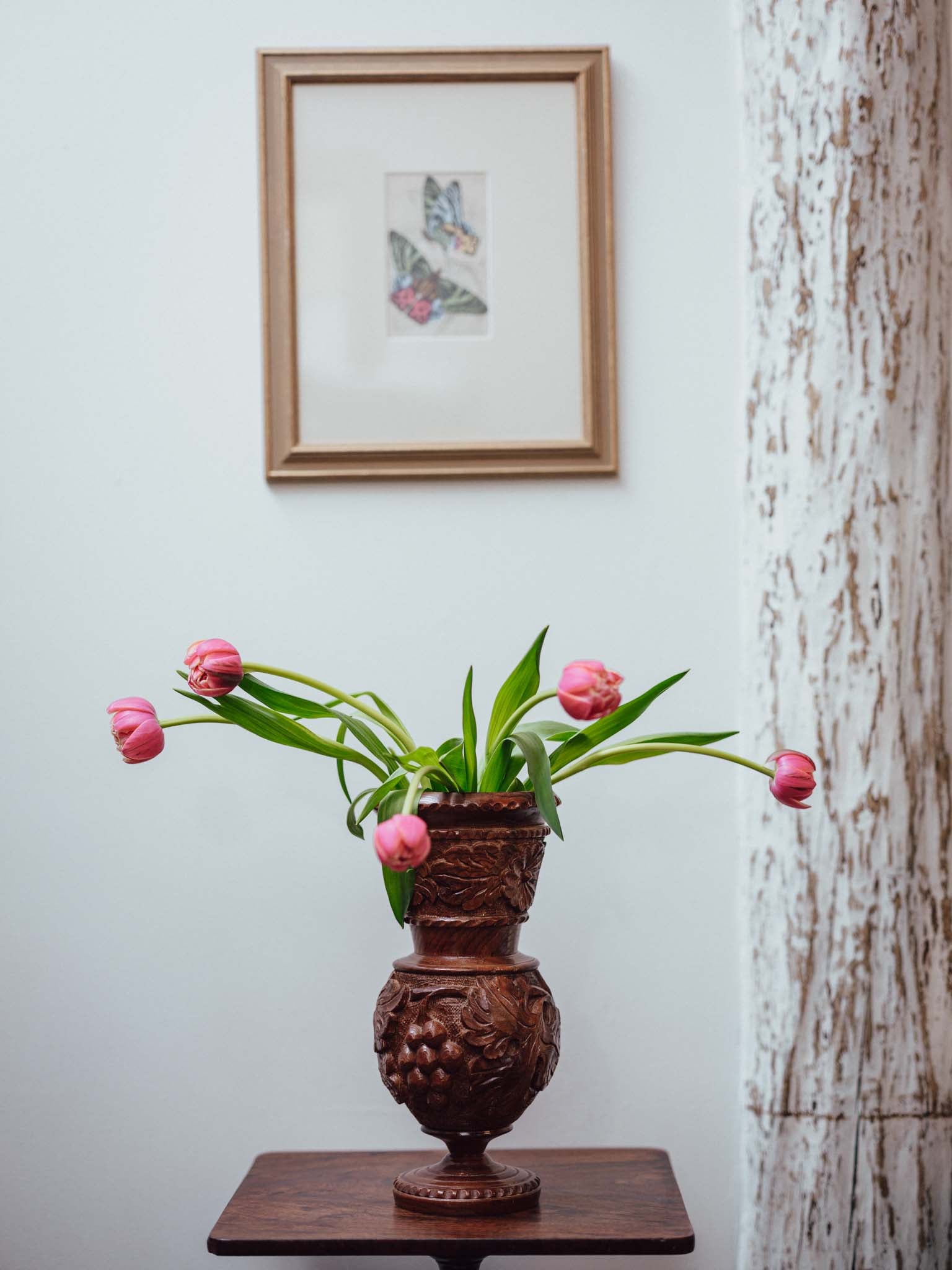 Carved Wooden Vase with Glass Insert