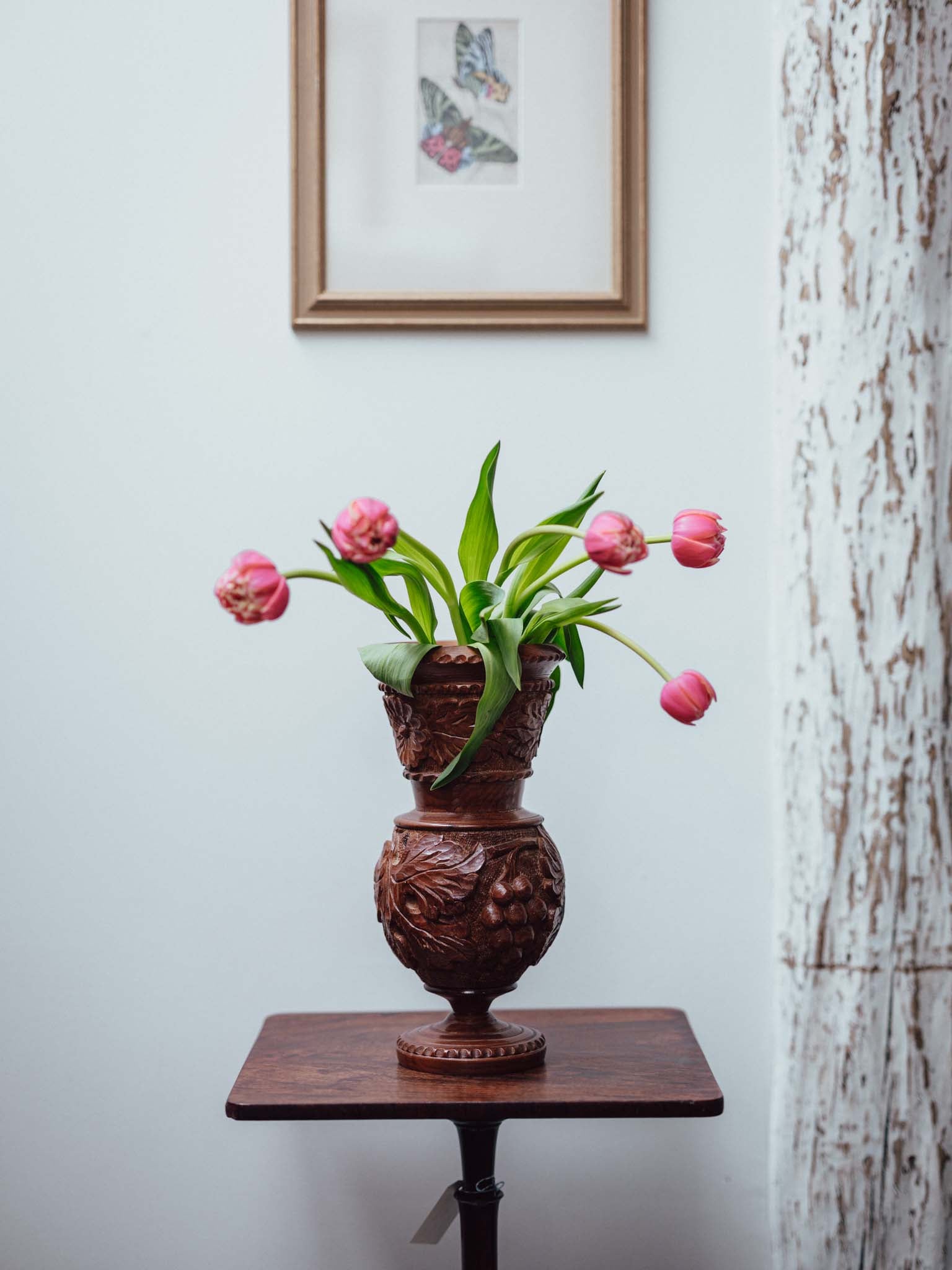 Carved Wooden Vase with Glass Insert