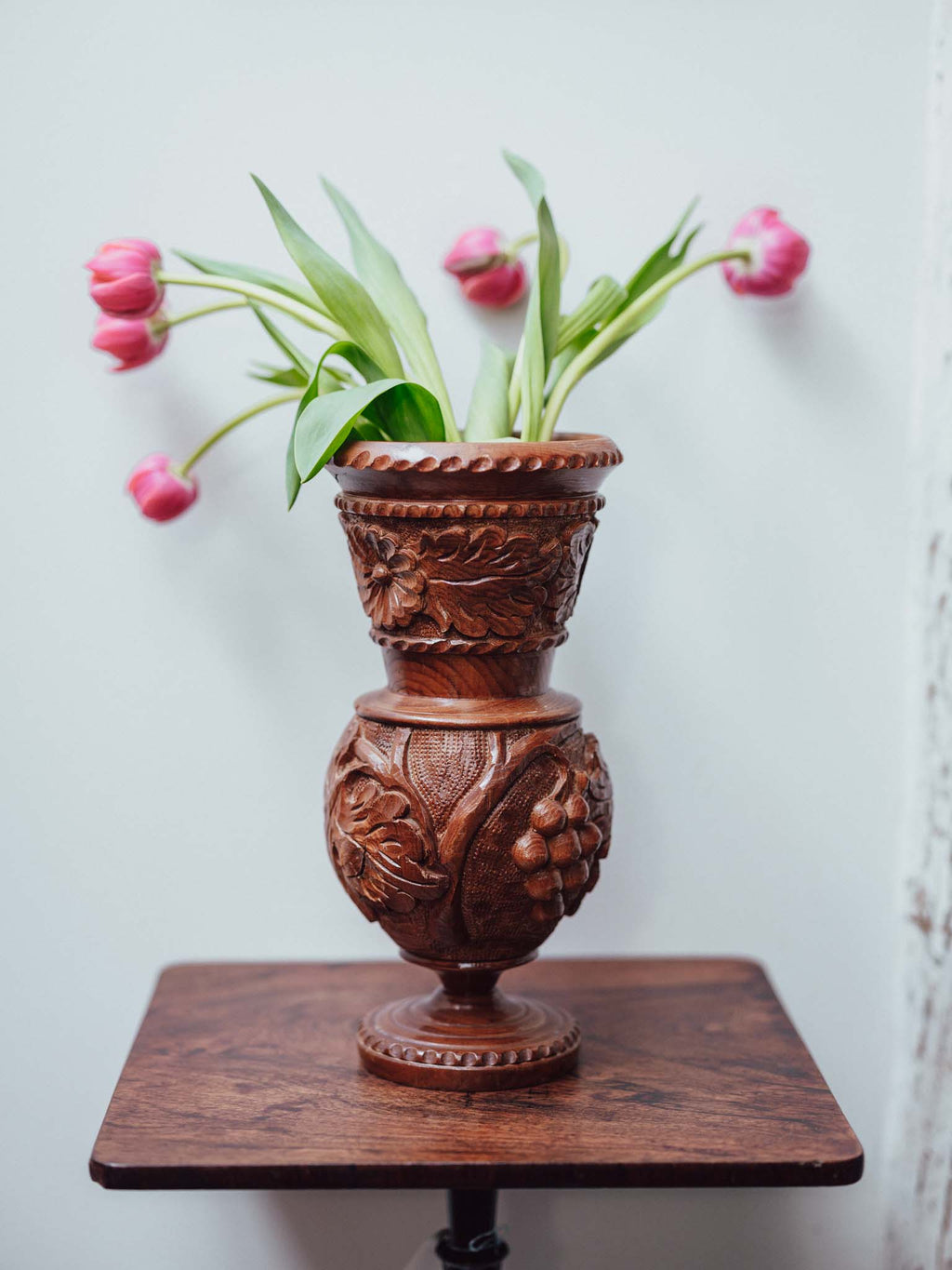 Carved Wooden Vase with Glass Insert