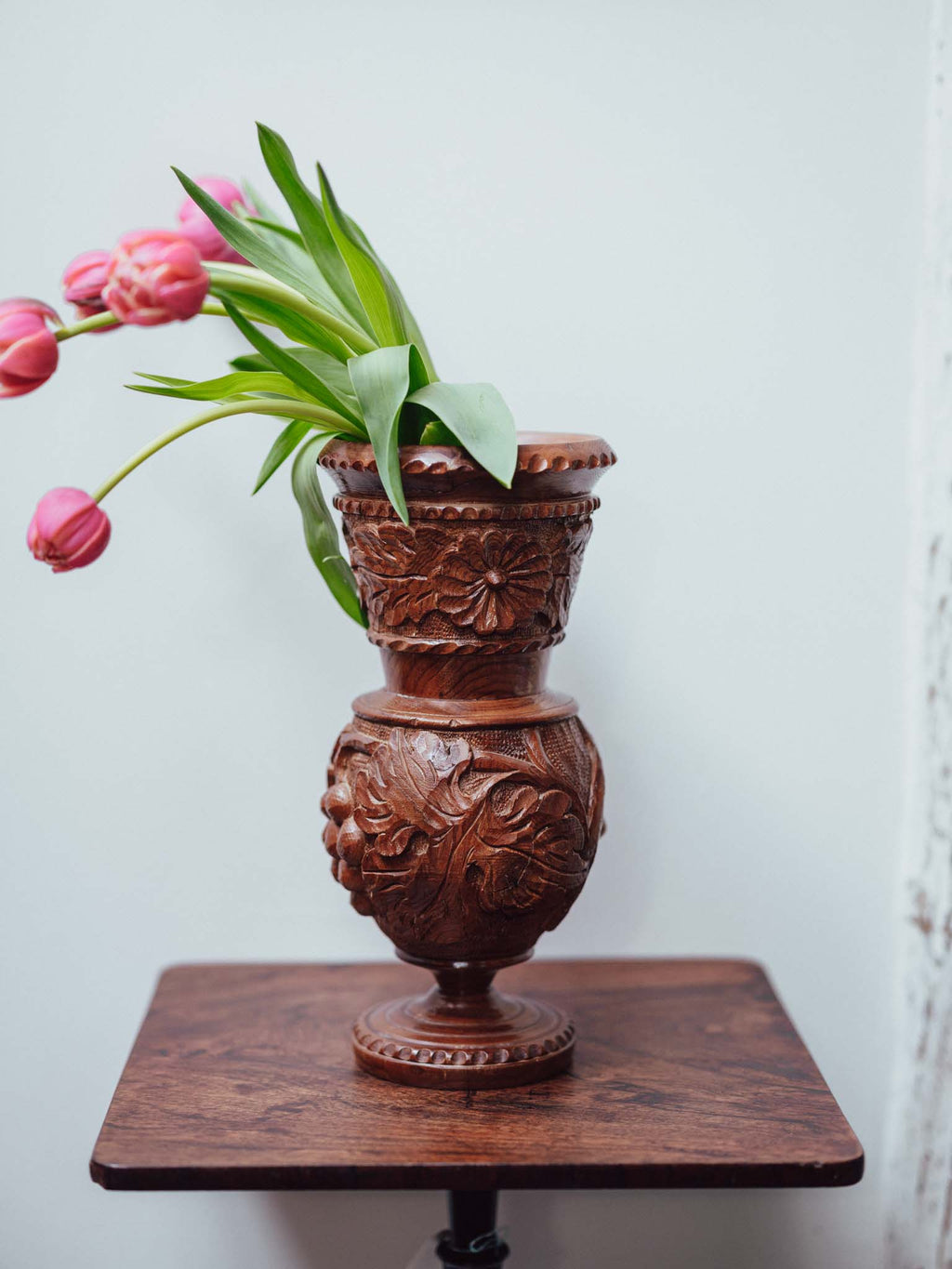 Carved Wooden Vase with Glass Insert