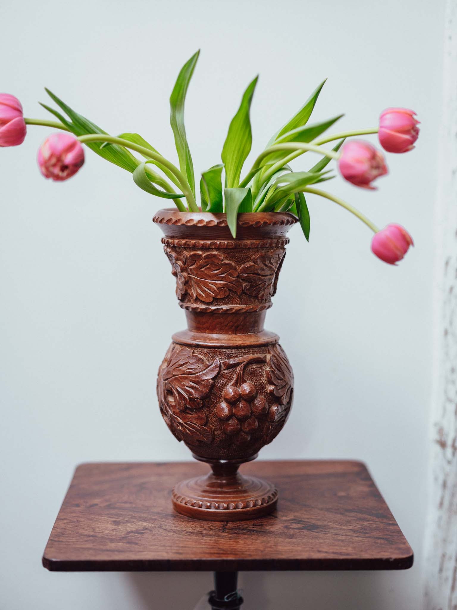 Carved Wooden Vase with Glass Insert