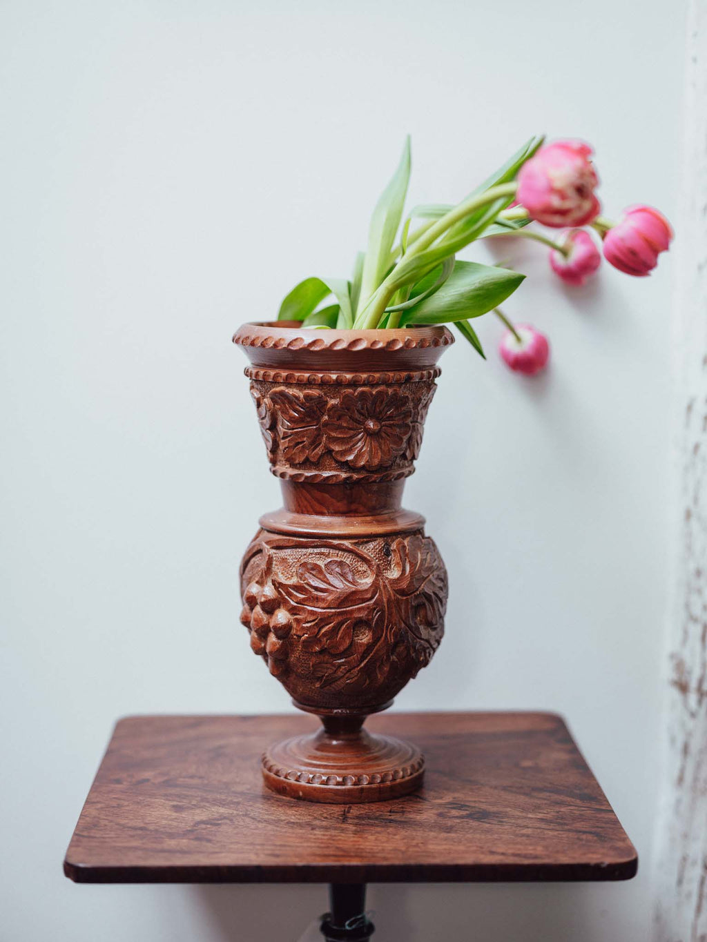 Carved Wooden Vase with Glass Insert