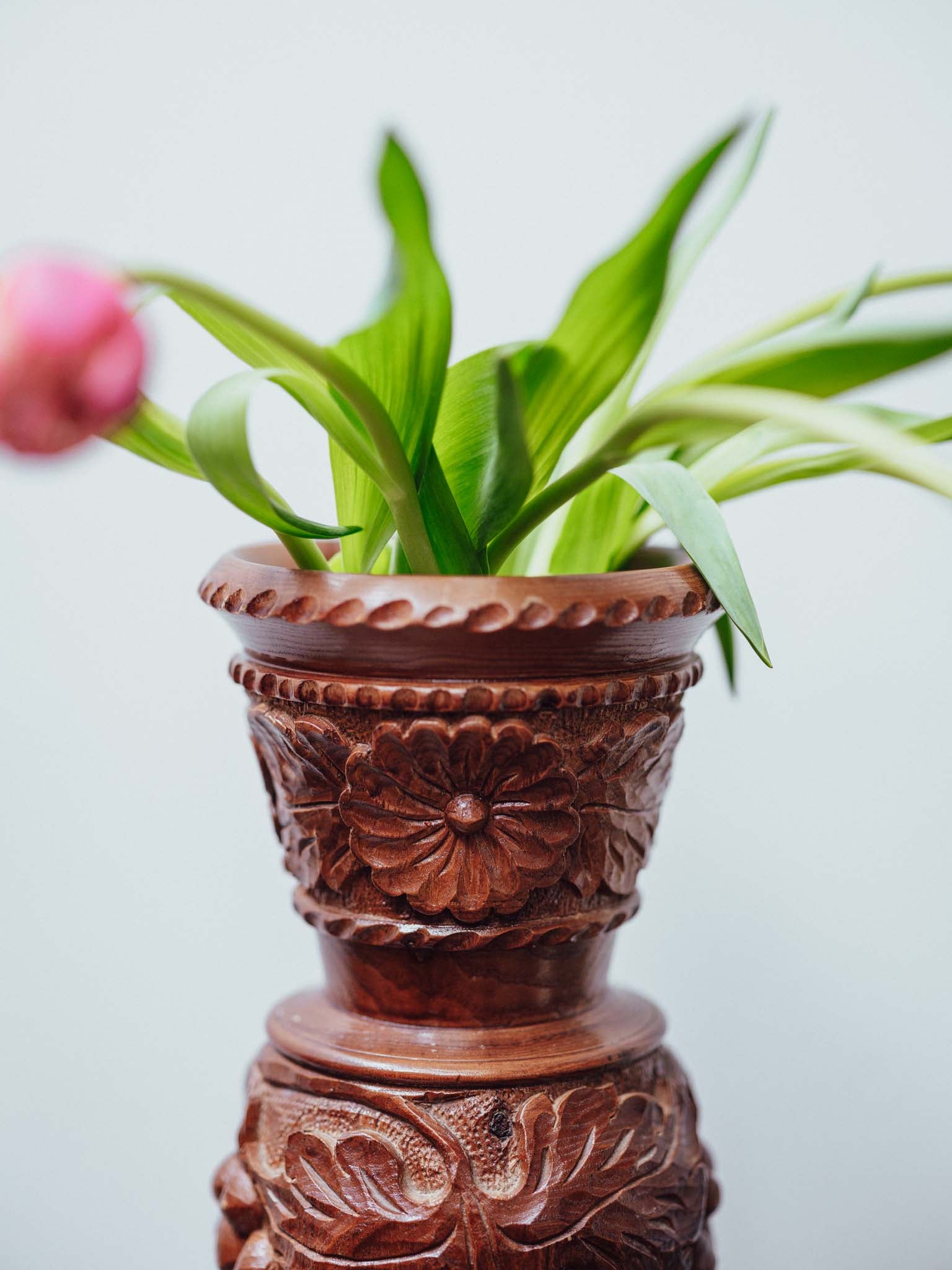 Carved Wooden Vase with Glass Insert