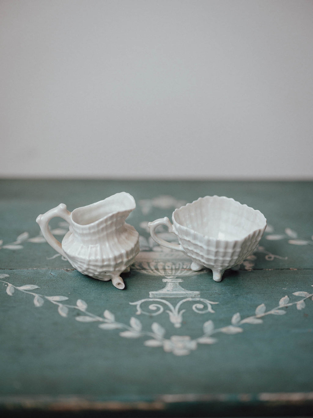 Belleek-Style Shell and Basketweave Cream and Sugar Set