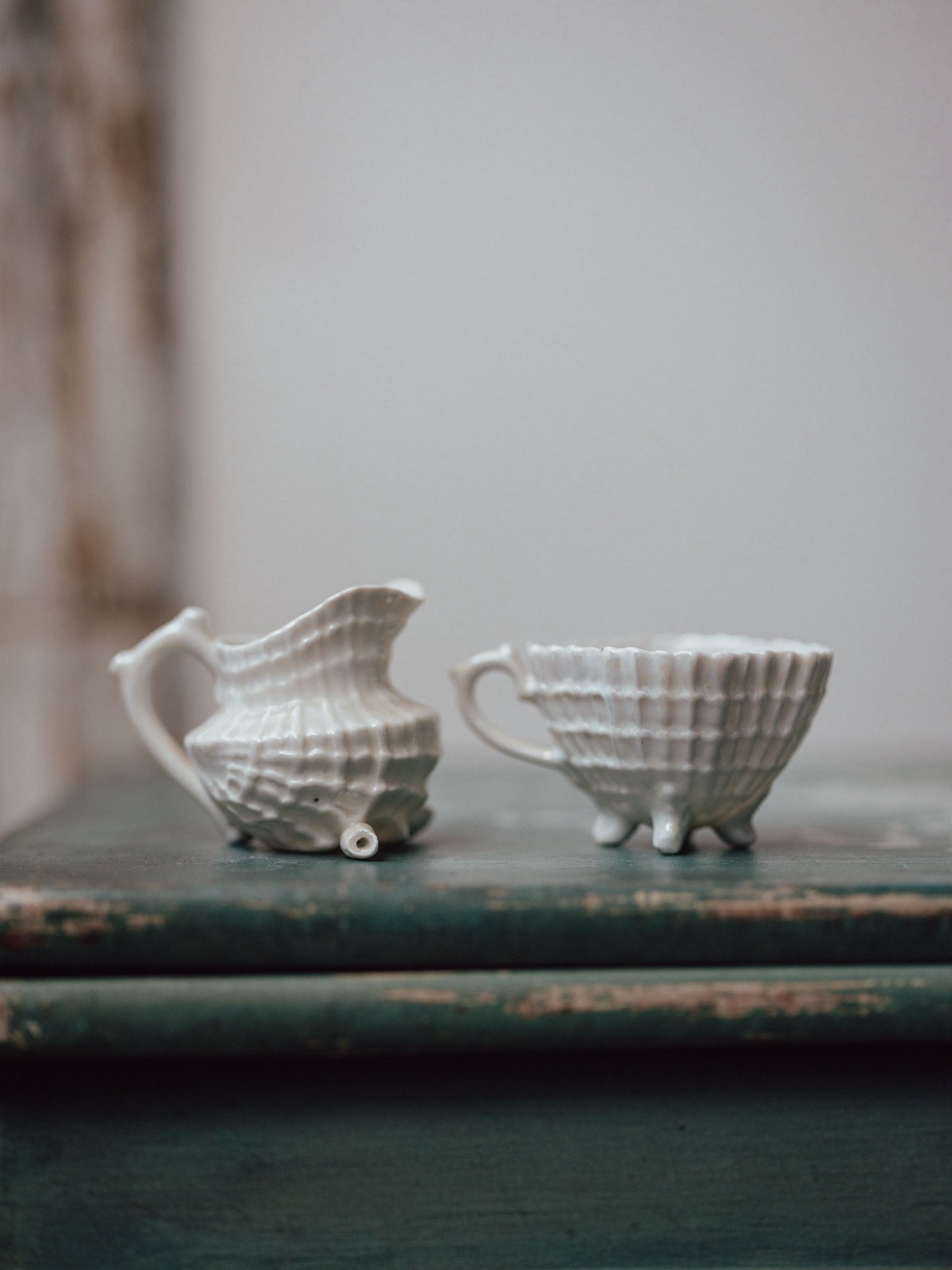 Belleek-Style Shell and Basketweave Cream and Sugar Set