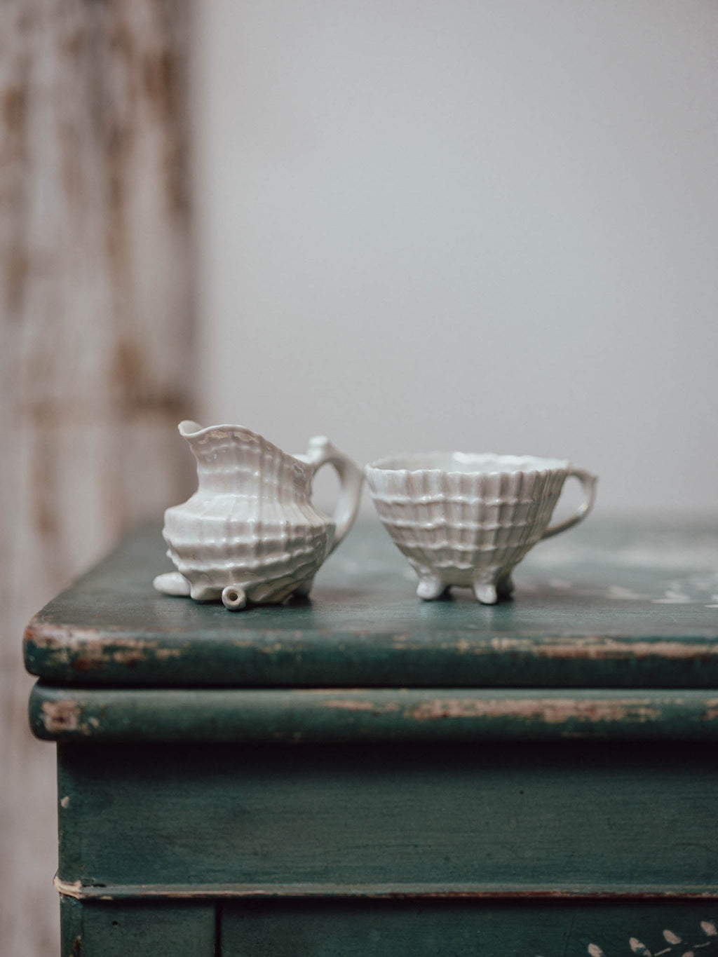 Belleek-Style Shell and Basketweave Cream and Sugar Set