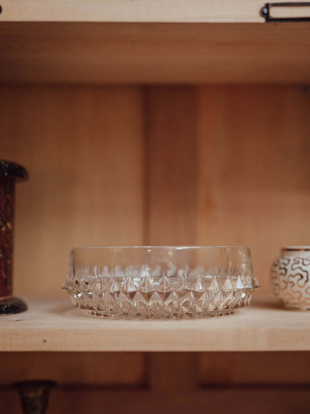 Pressed Glass Bowl with Diamond Cut and Sawtooth Rim