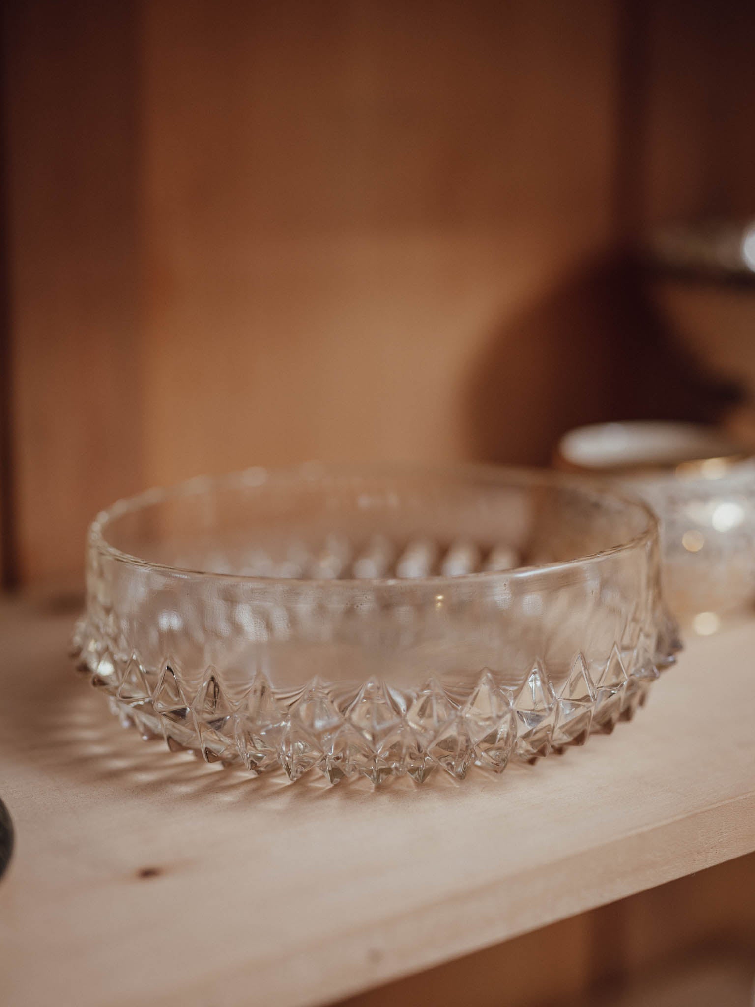 Pressed Glass Bowl with Diamond Cut and Sawtooth Rim