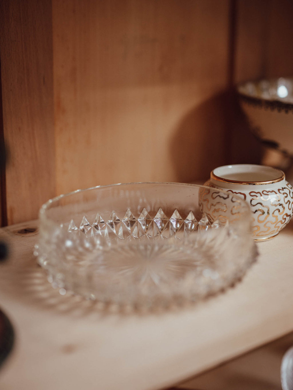 Pressed Glass Bowl with Diamond Cut and Sawtooth Rim