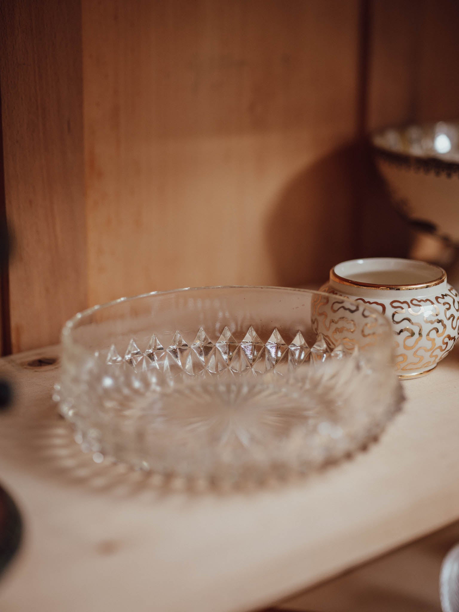 Pressed Glass Bowl with Diamond Cut and Sawtooth Rim