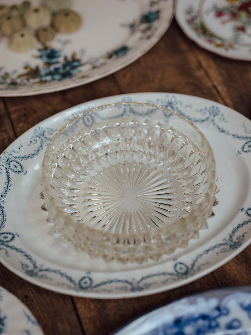 Pressed Glass Bowl with Diamond Cut and Sawtooth Rim