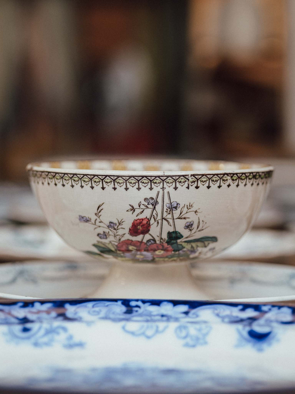 Antique Staffordshire Primula Transferware Footed Bowl