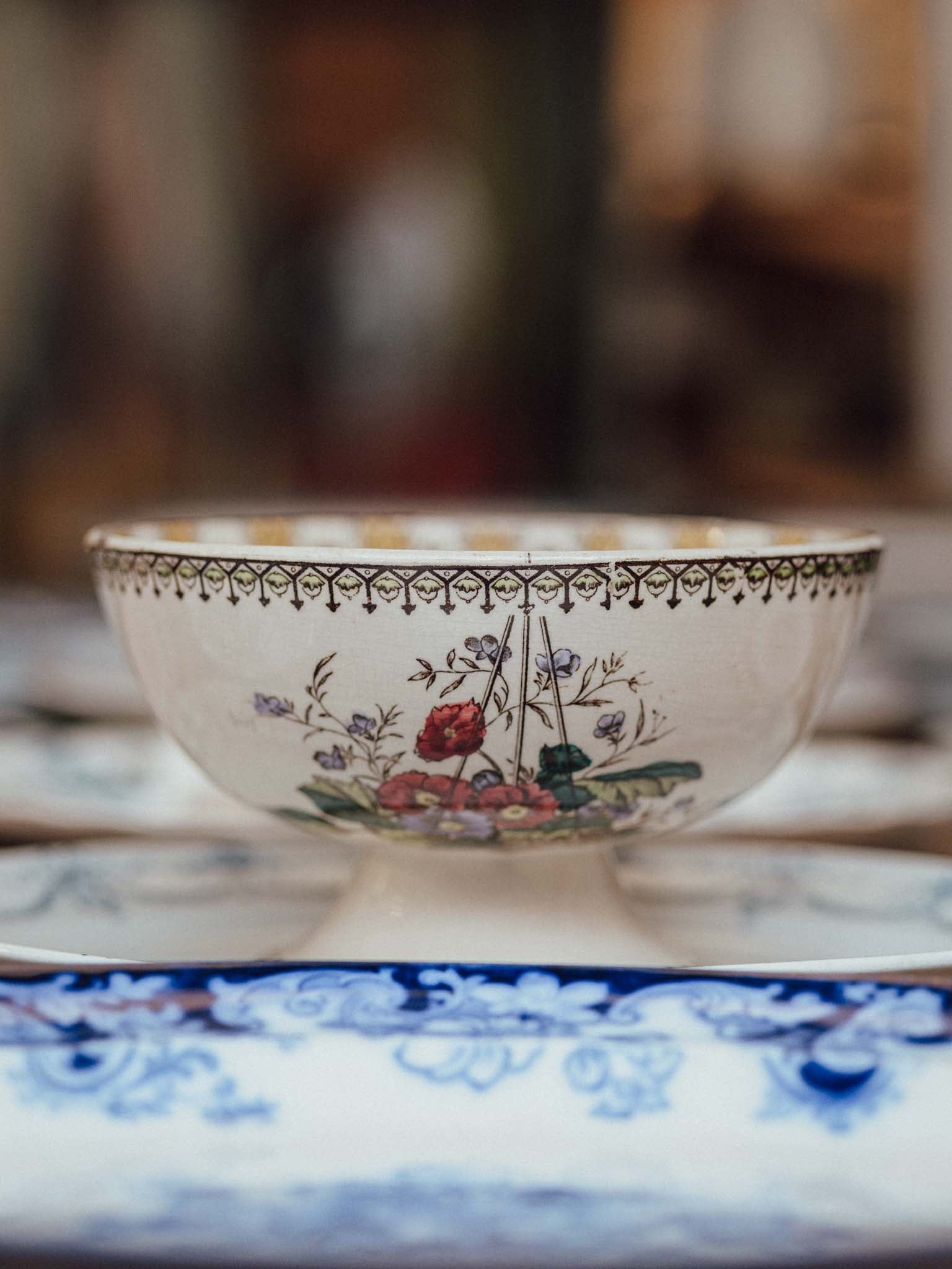 Antique Staffordshire Primula Transferware Footed Bowl