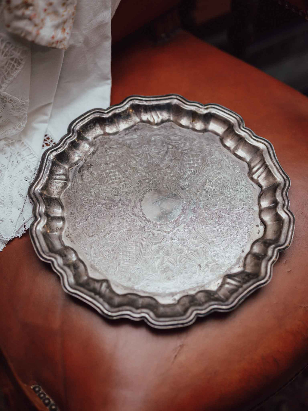 Silverplate Piecrust Salver with Engraved Decoration