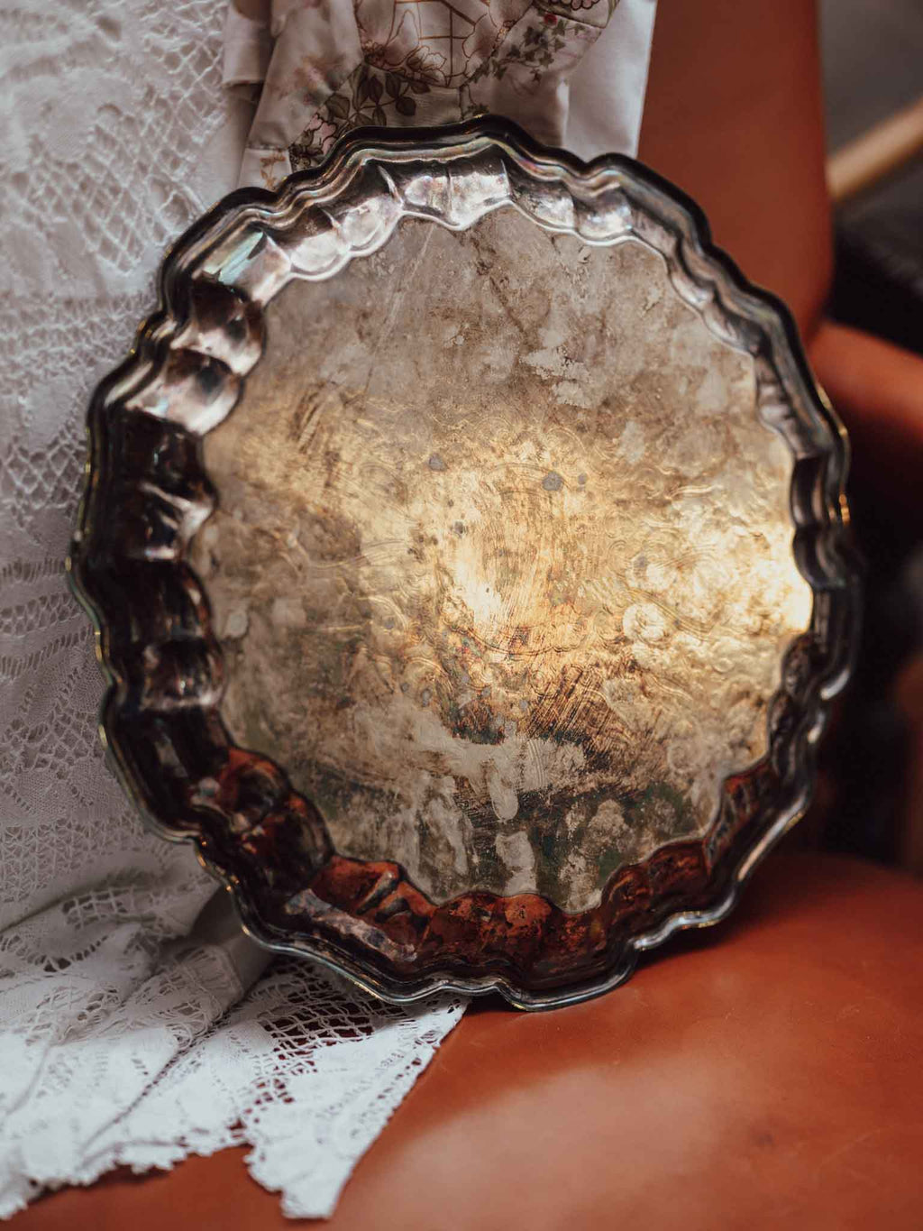 Silverplate Piecrust Salver with Engraved Decoration