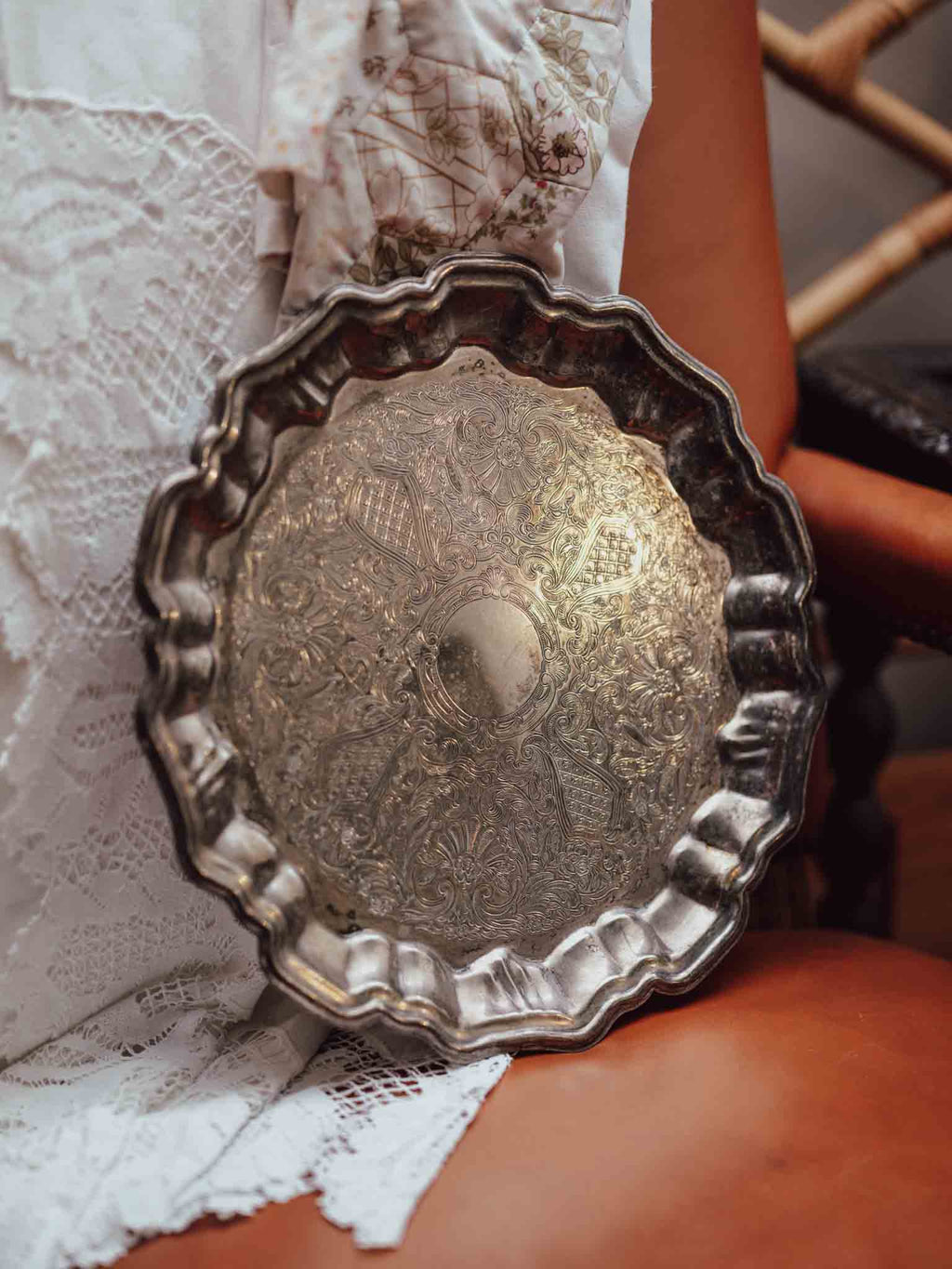 Silverplate Piecrust Salver with Engraved Decoration