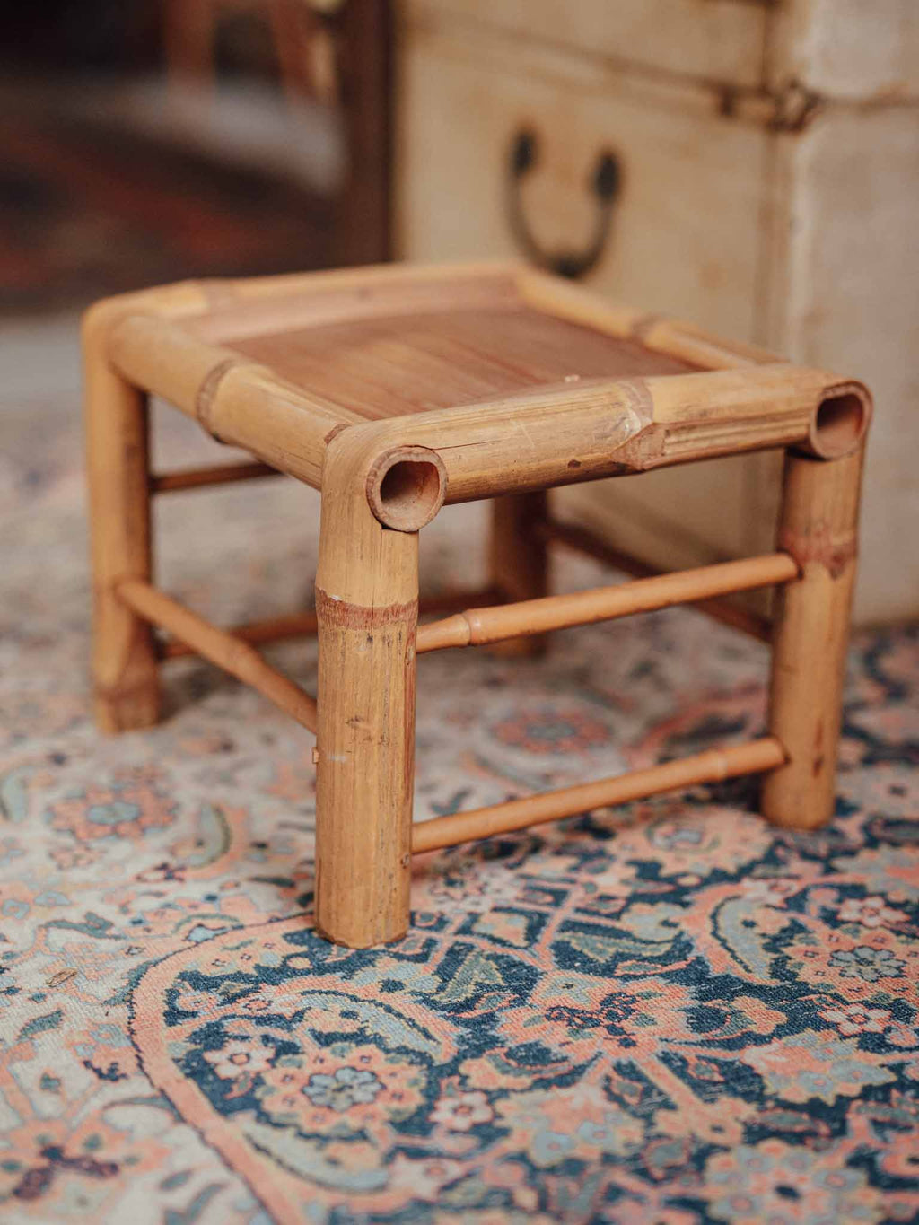 Blonde Bamboo Stool, Mid-Century Asian