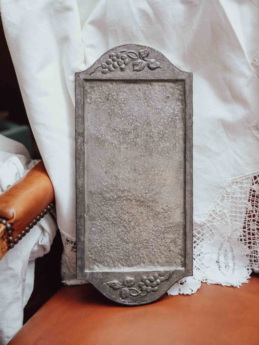 Hand Beaten Metal Tray with Grape Motif