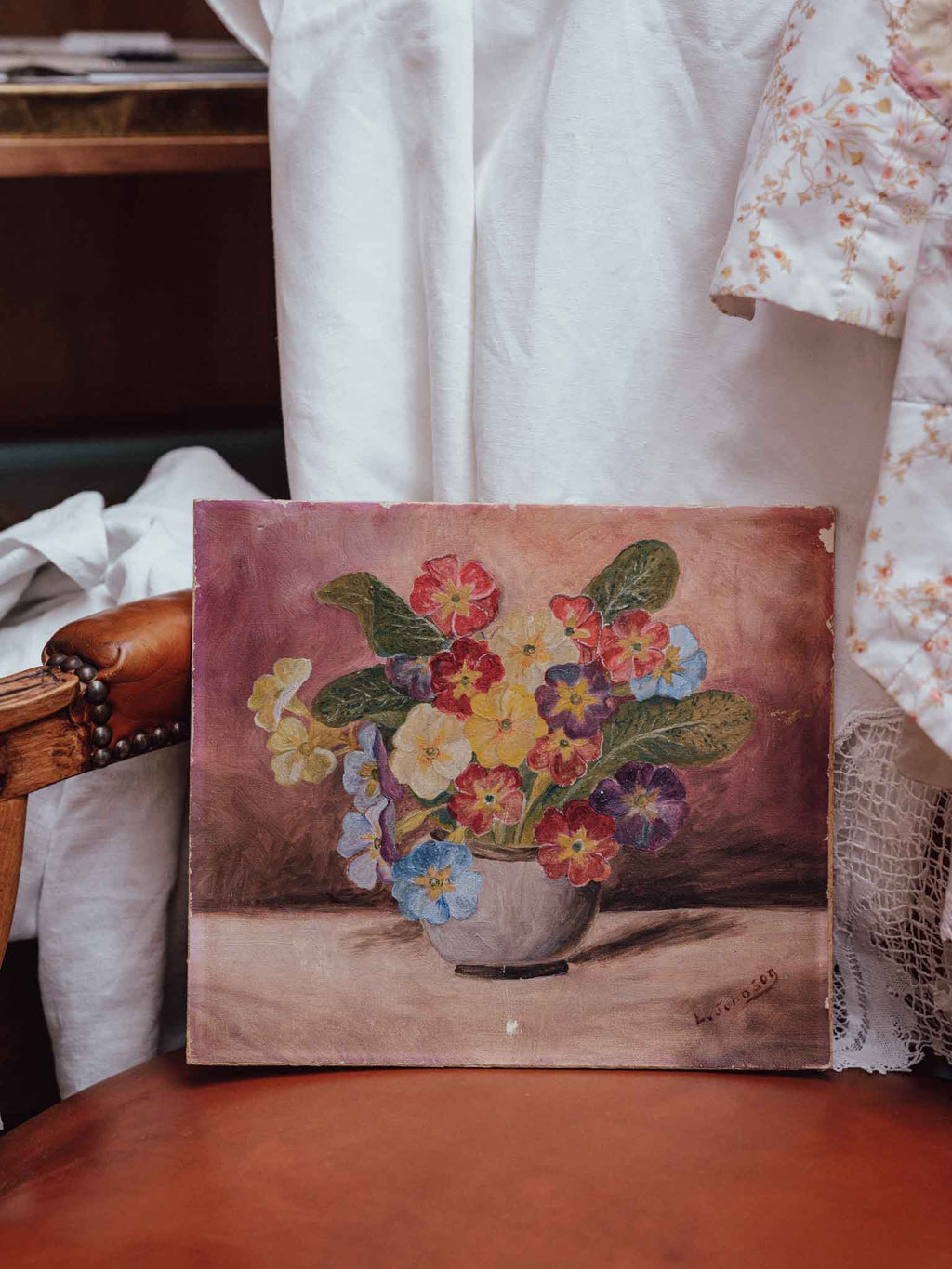 Vintage Oil Painting Still Life of Primulas