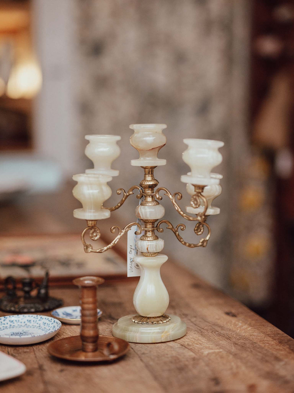 Vintage Onyx and Brass Five Light Candelabra