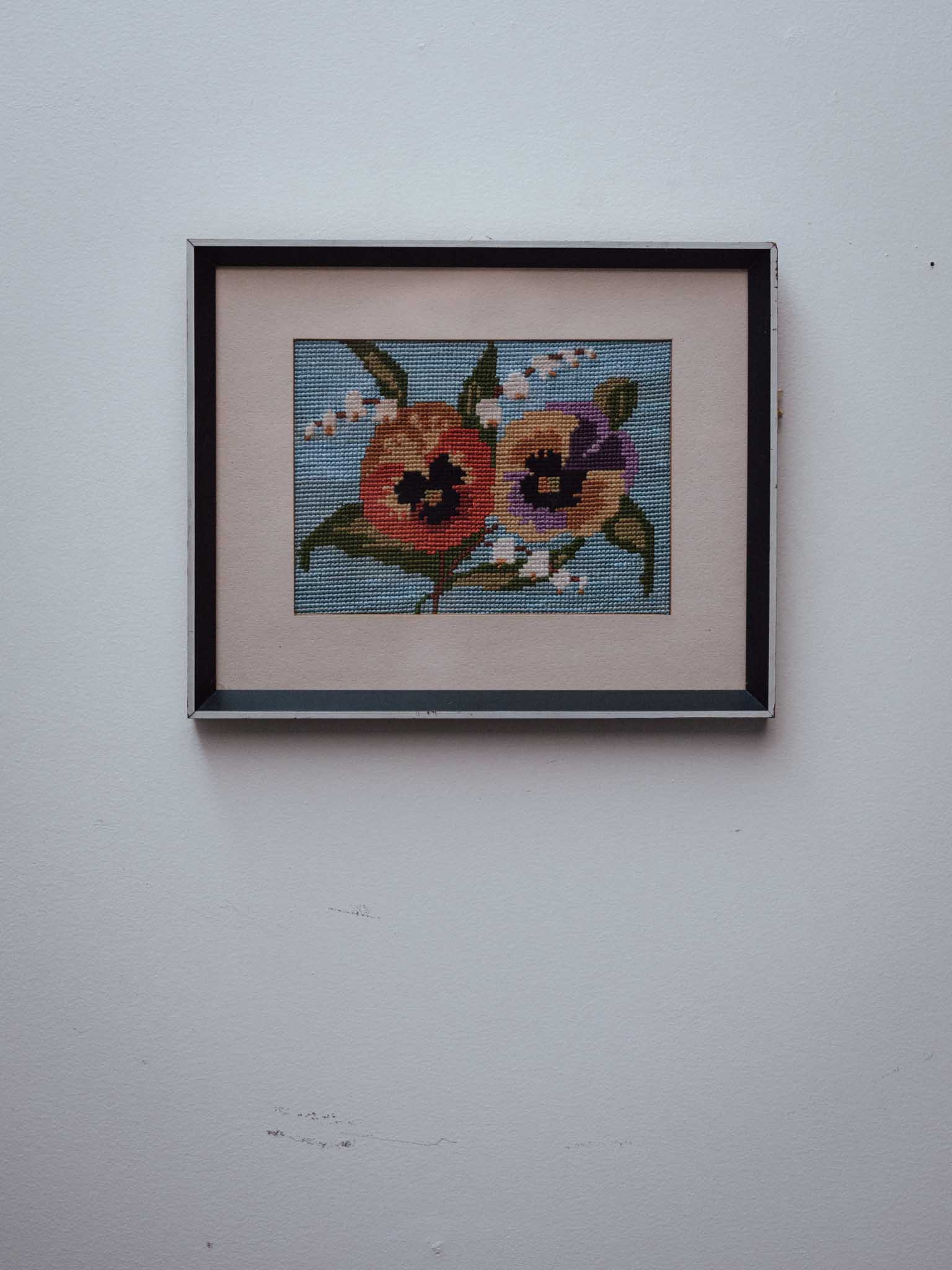 Vintage Framed Pansy Needlepoint Picture