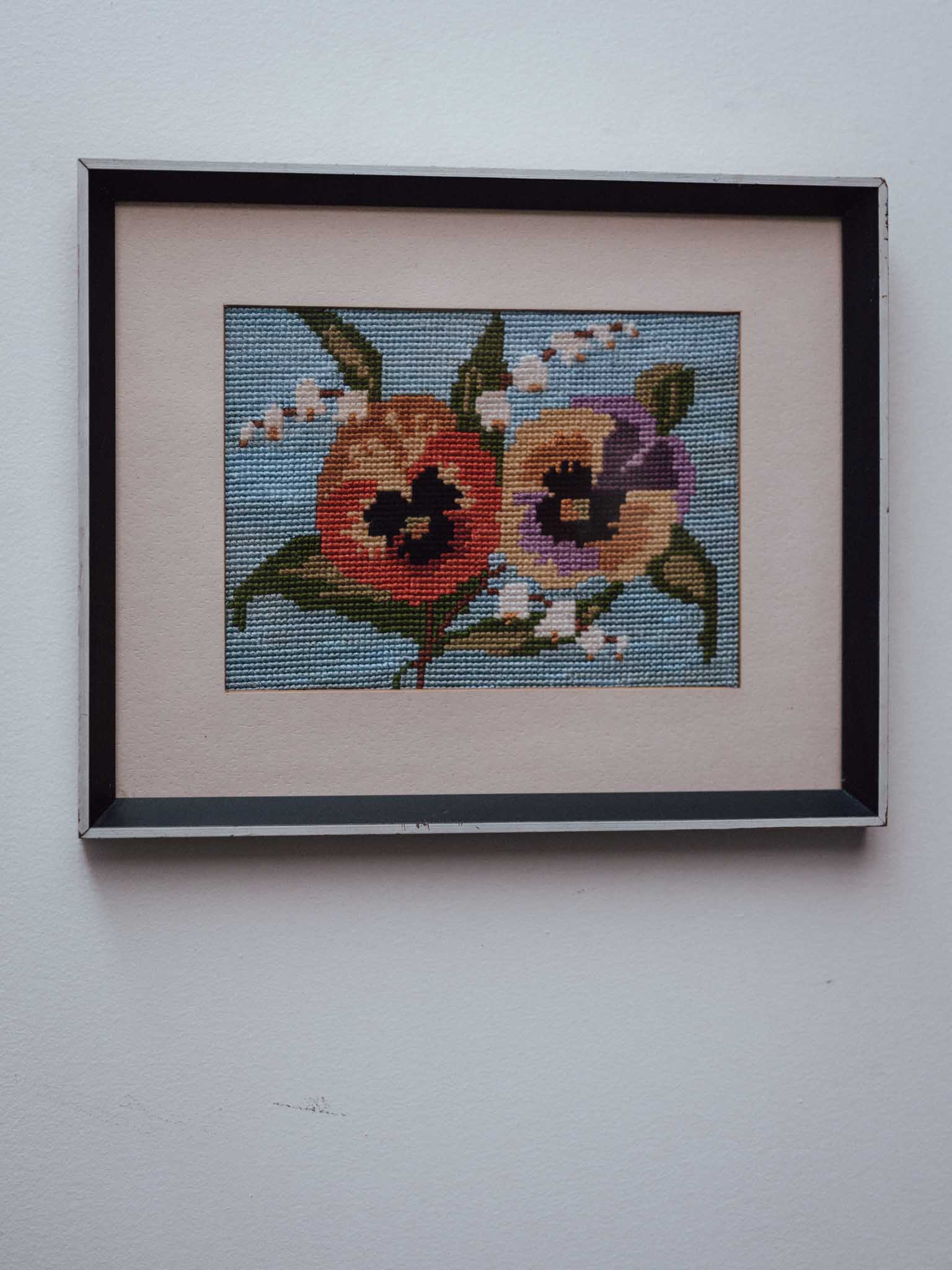 Vintage Framed Pansy Needlepoint Picture