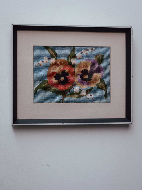 Vintage Framed Pansy Needlepoint Picture