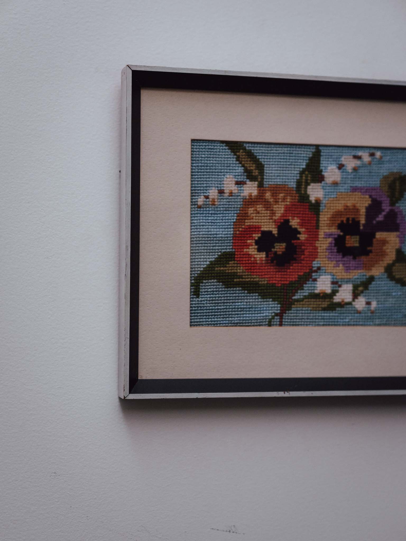 Vintage Framed Pansy Needlepoint Picture