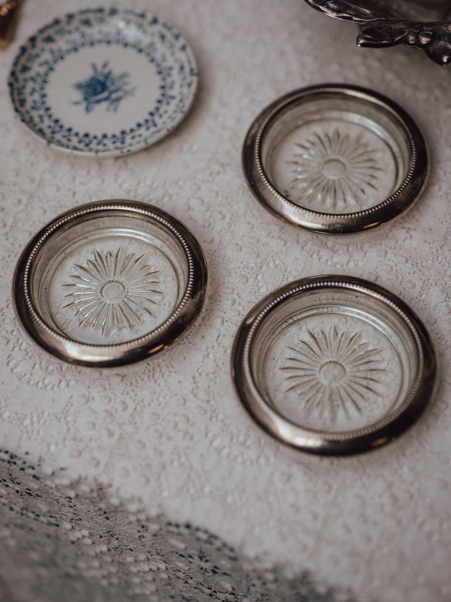 Set of Three Vintage Silver Plated Glass Coasters