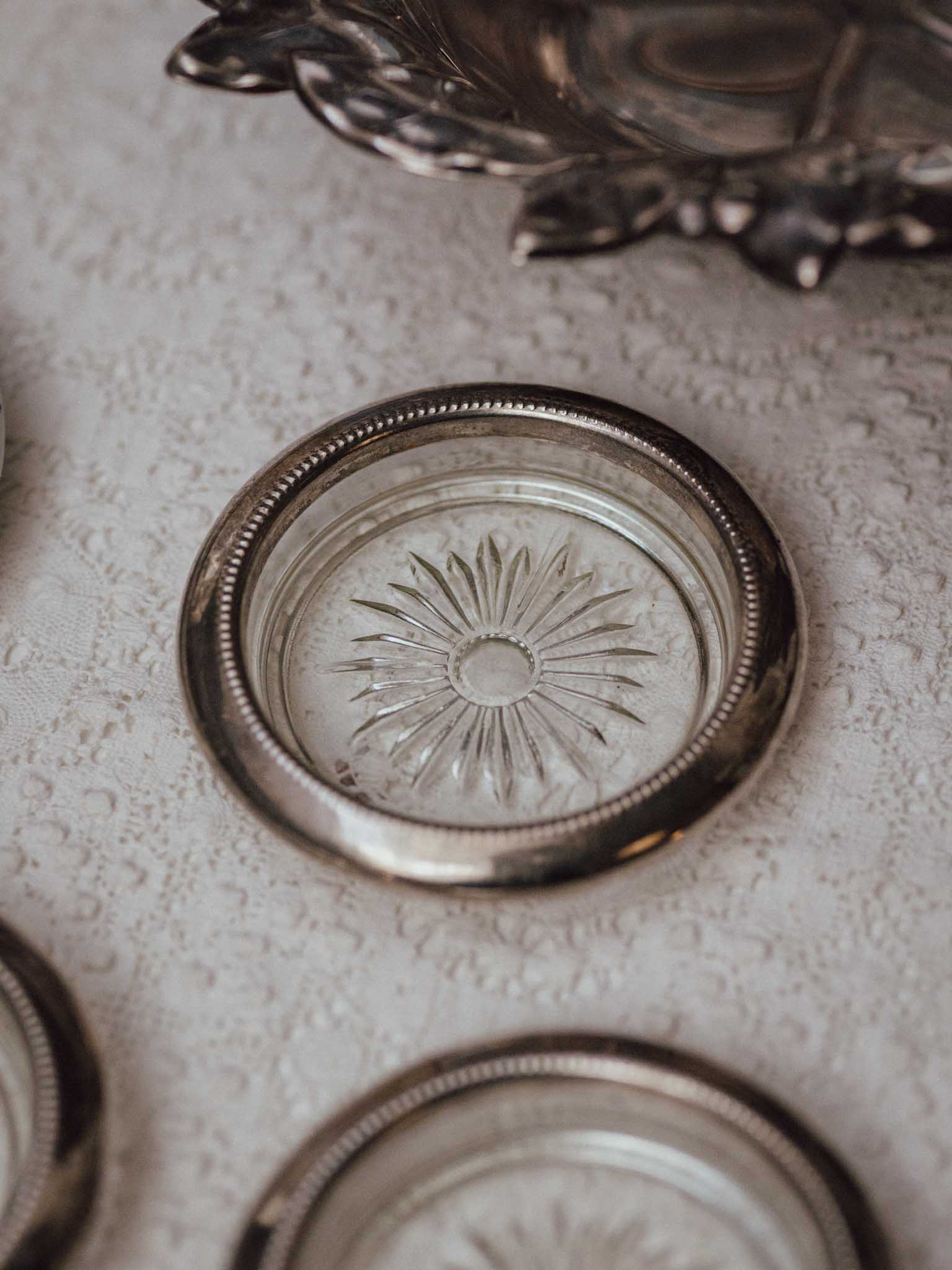 Set of Three Vintage Silver Plated Glass Coasters