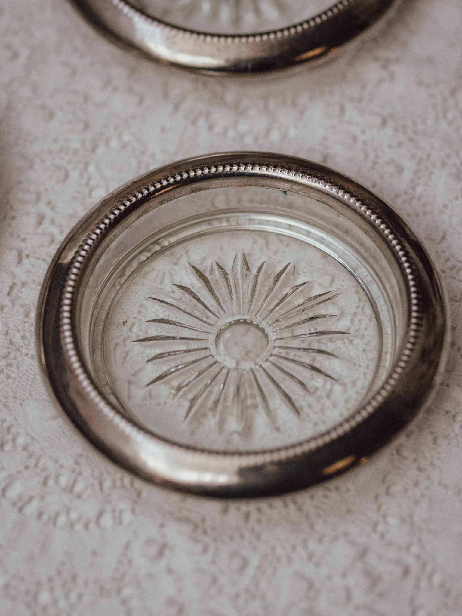 Set of Three Vintage Silver Plated Glass Coasters