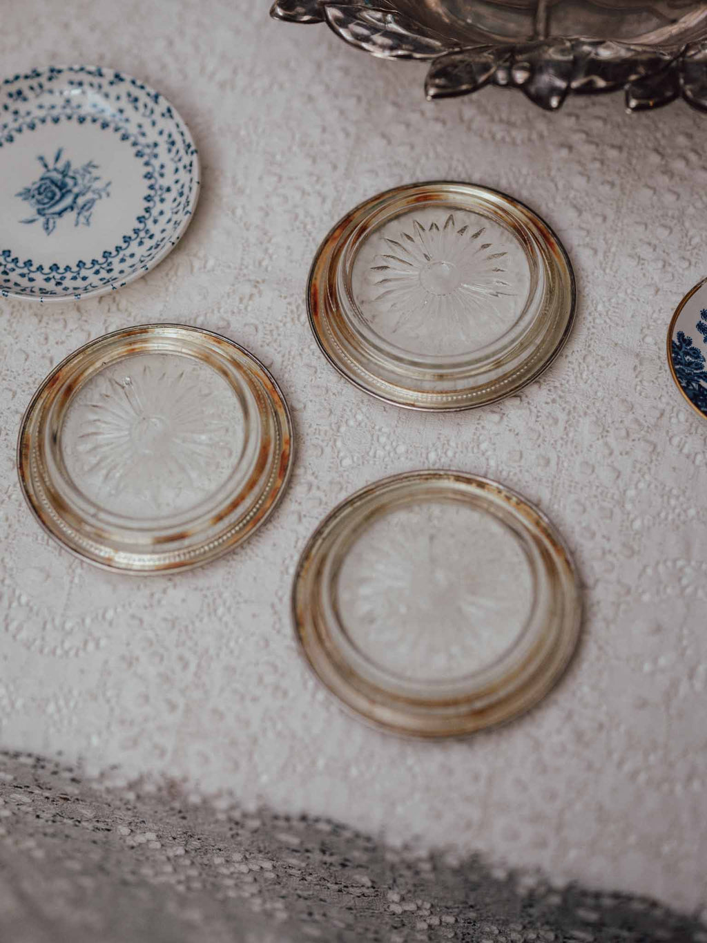 Set of Three Vintage Silver Plated Glass Coasters
