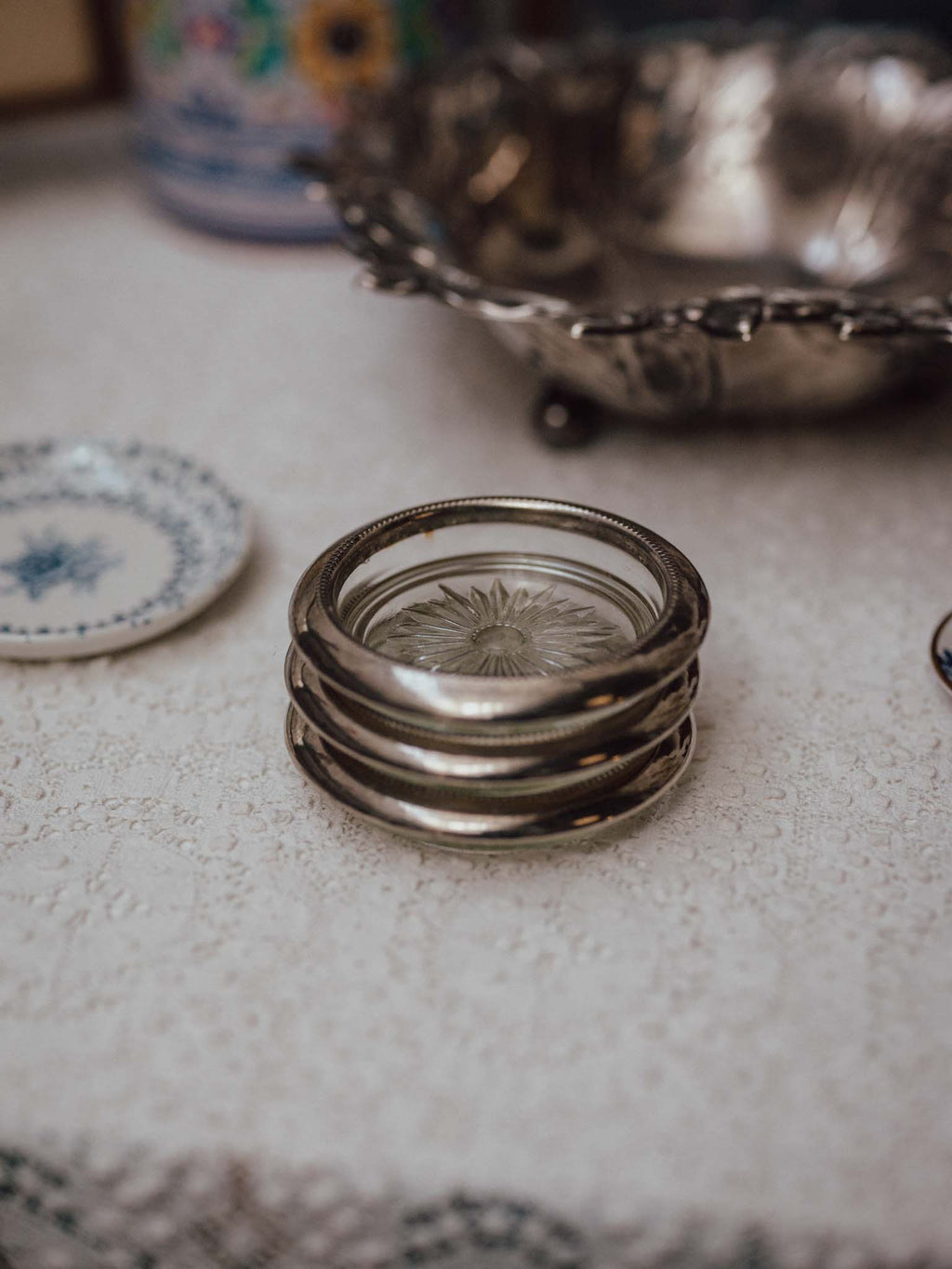 Set of Three Vintage Silver Plated Glass Coasters