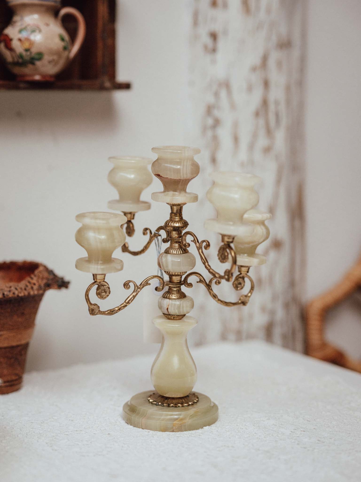 Vintage Onyx and Brass Five Light Candelabra