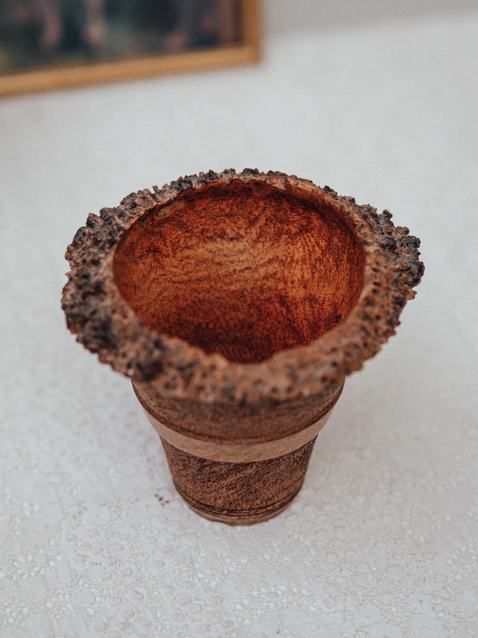 Turned Blackboy Peach Wood Vase with Natural Burr Rim