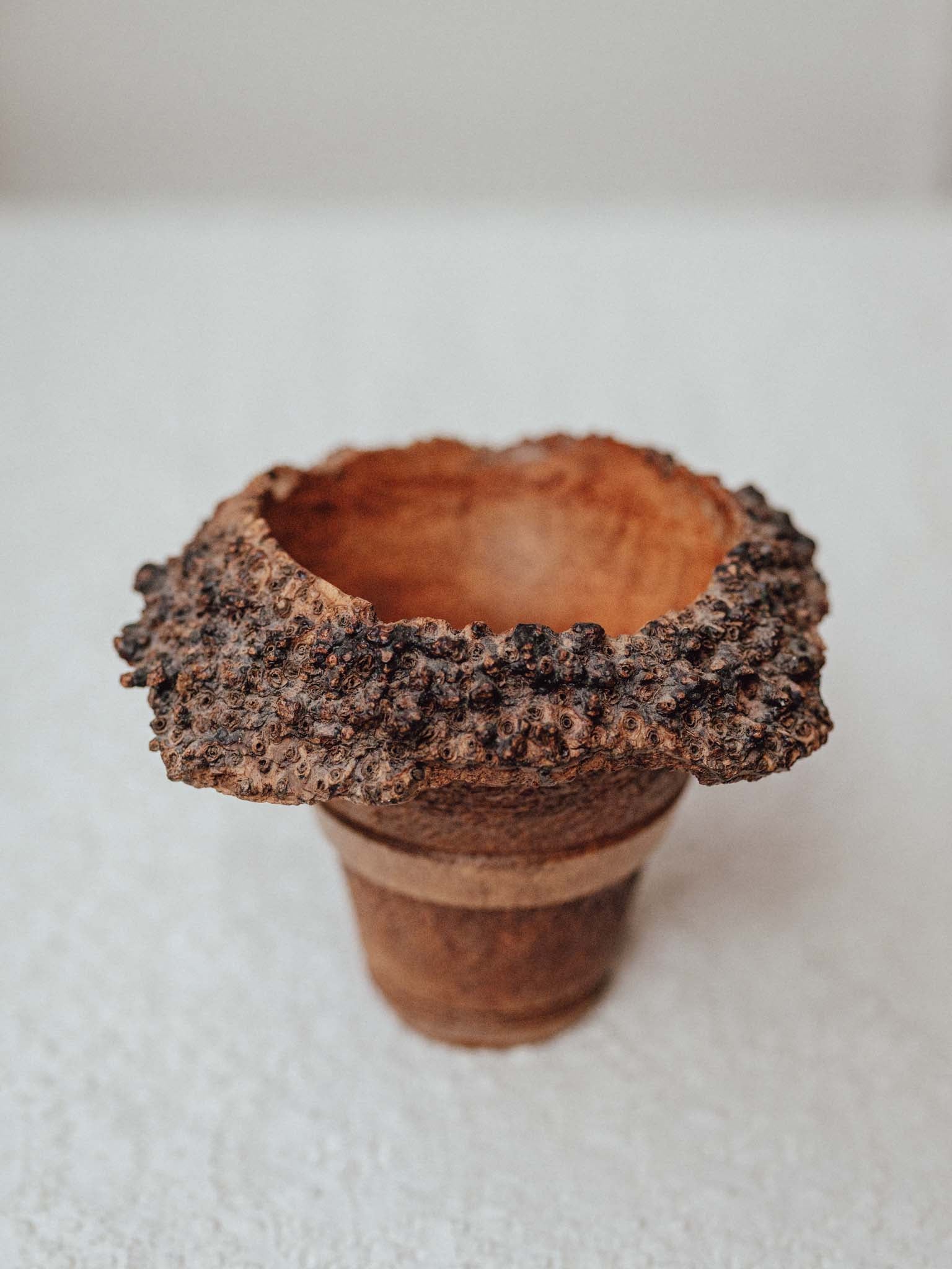 Turned Blackboy Peach Wood Vase with Natural Burr Rim