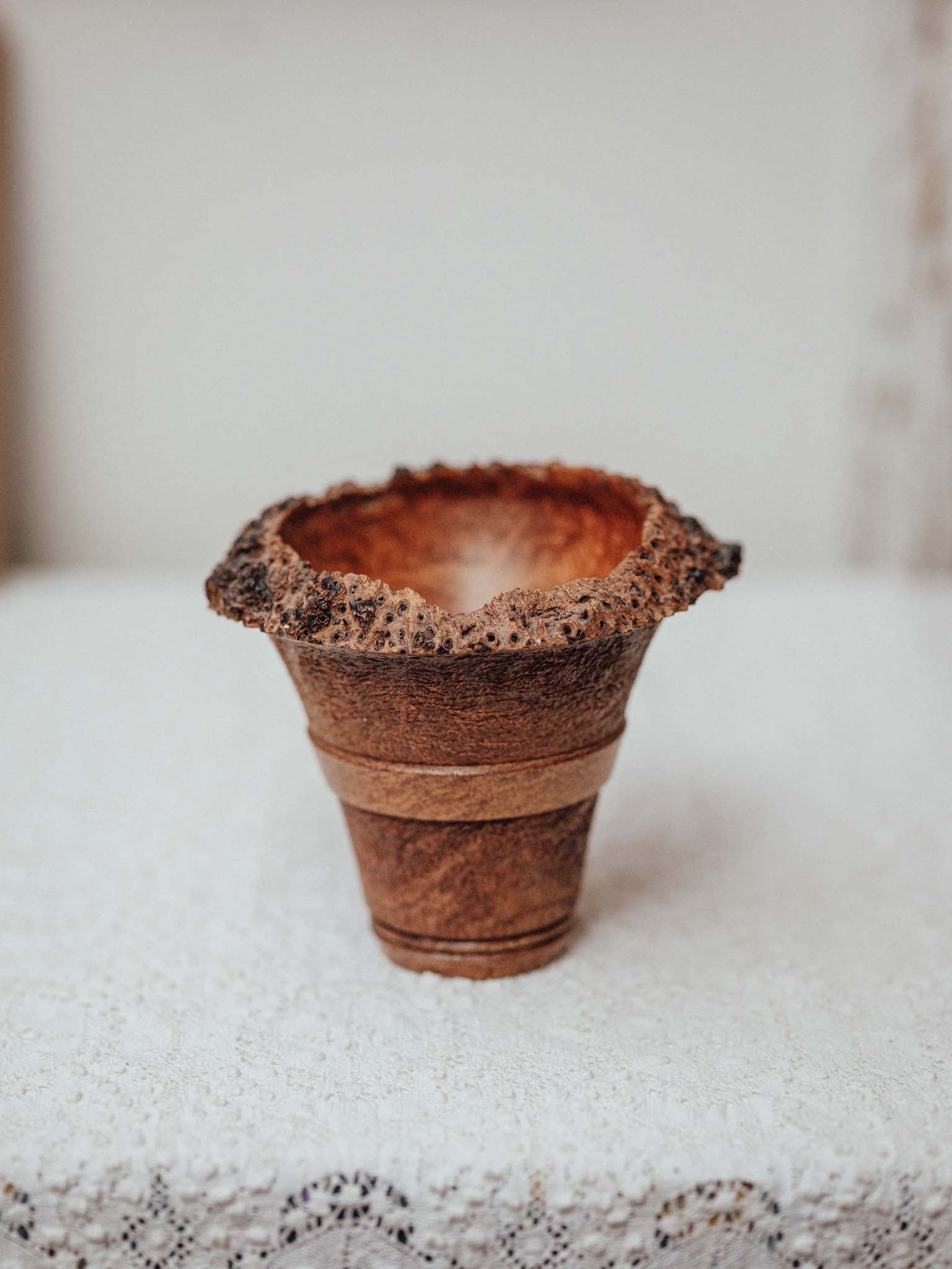 Turned Blackboy Peach Wood Vase with Natural Burr Rim