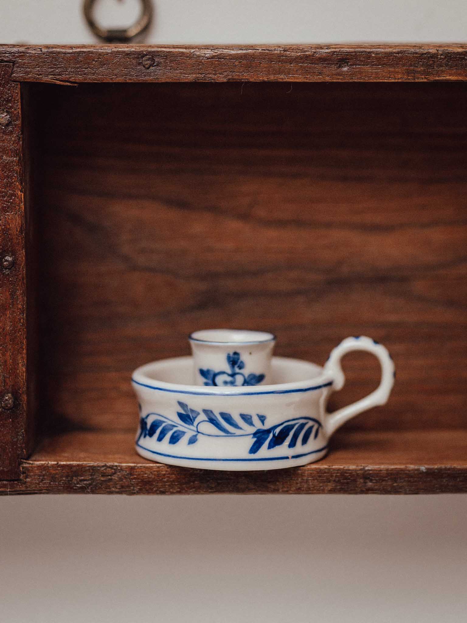 Blue and White Ceramic Chamberstick Candle Holder