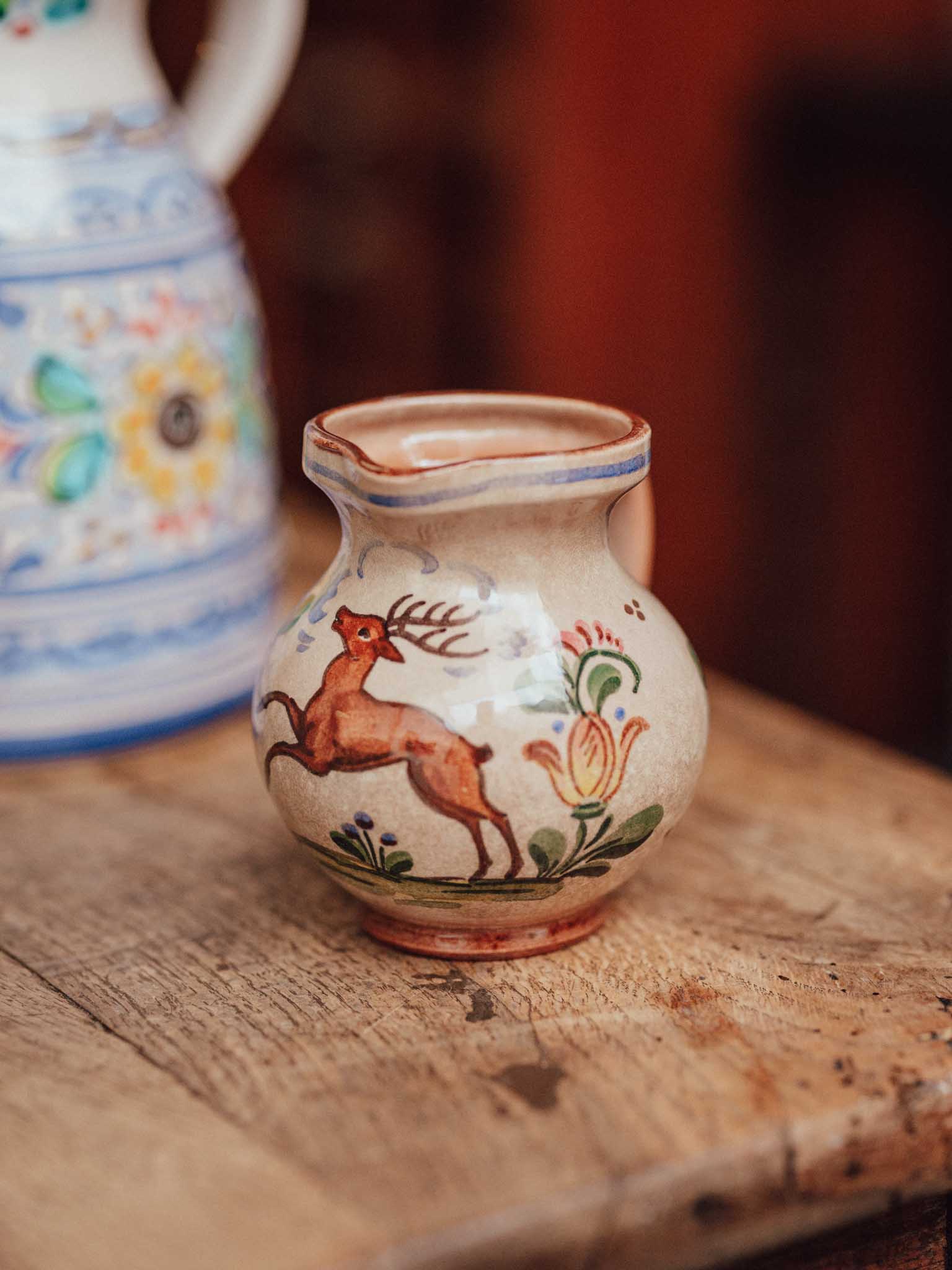 Hand Painted Folk Art Pottery Jug with Stag and Tulip