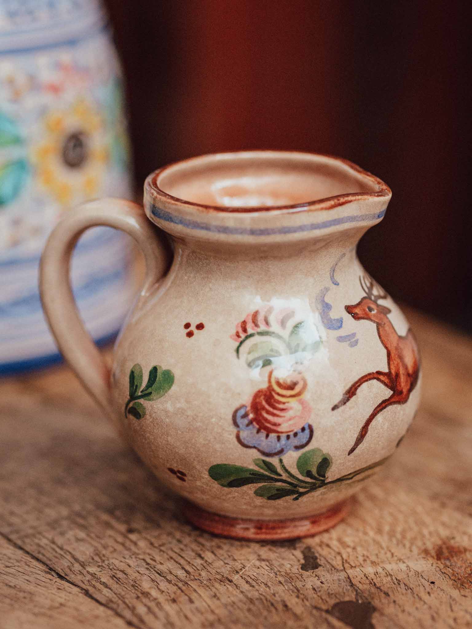 Hand Painted Folk Art Pottery Jug with Stag and Tulip