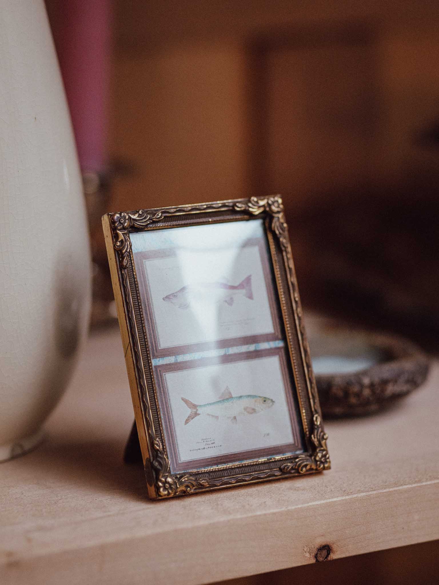 Miniature Brass Frame with Convex Glass and Fish