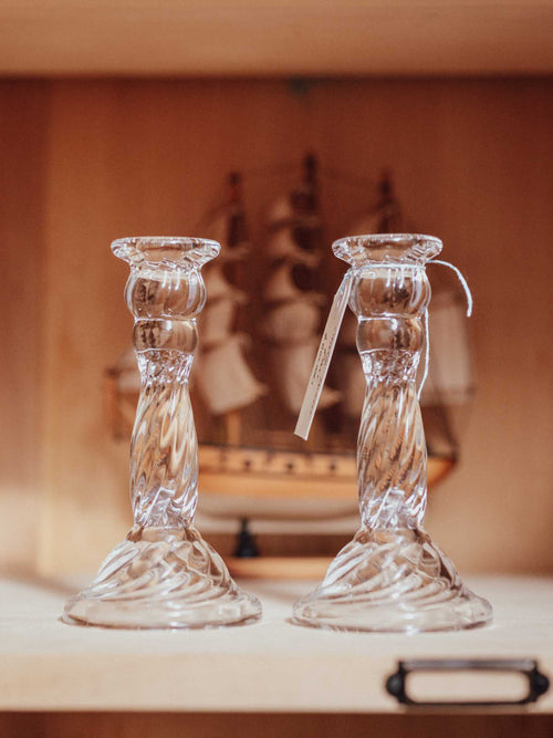 Pair of Pressed Glass Candlesticks with Swirled Stems
