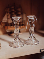 Pair of Pressed Glass Candlesticks with Swirled Stems