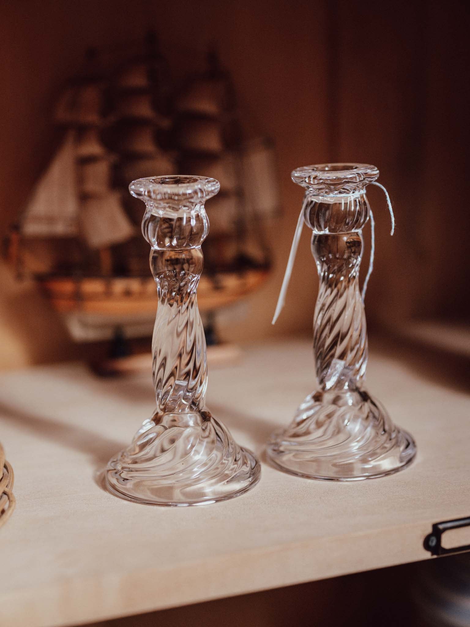 Pair of Pressed Glass Candlesticks with Swirled Stems