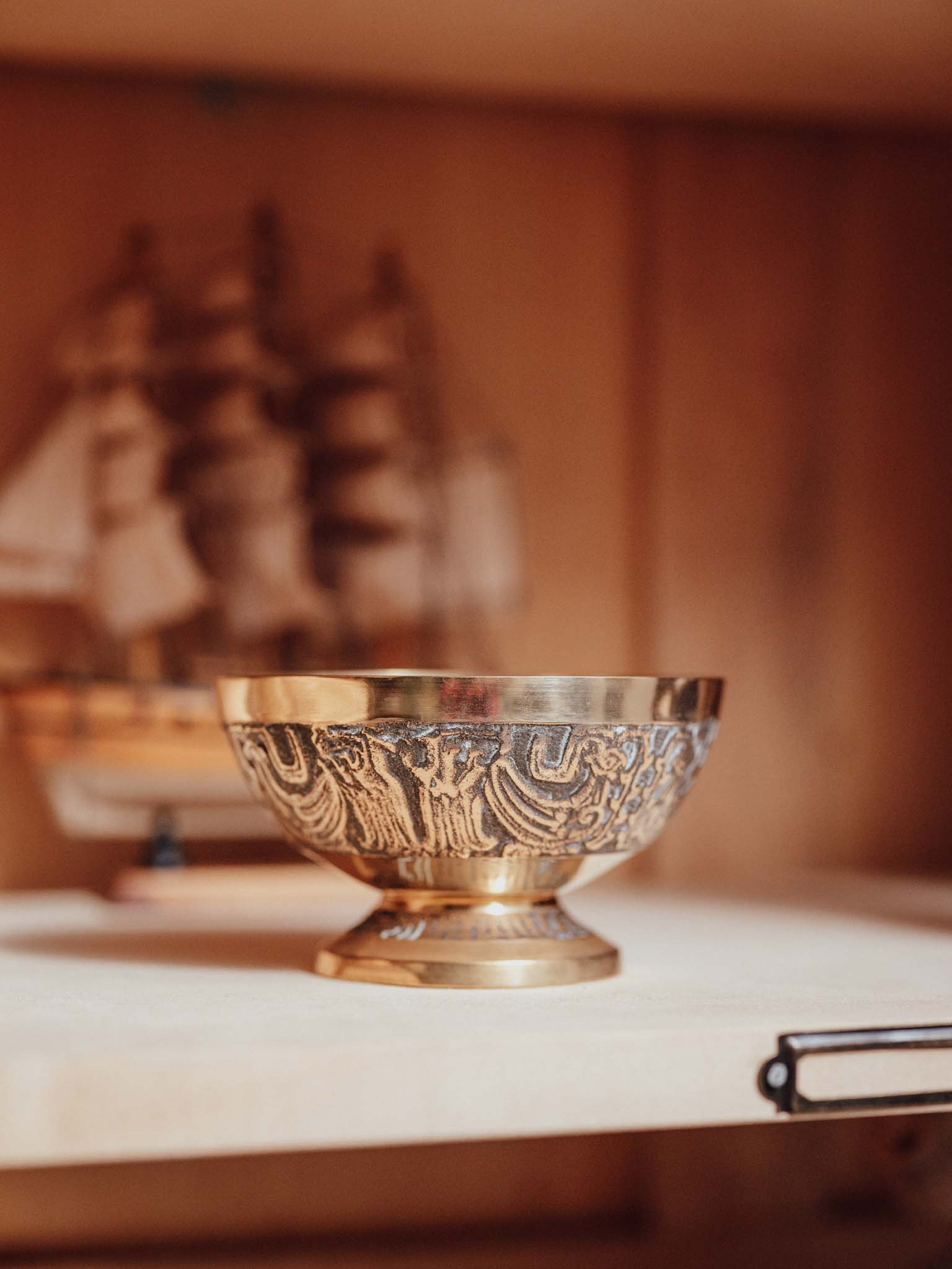 Vintage Brass Footed Bowl with Relief-Cast Decoration