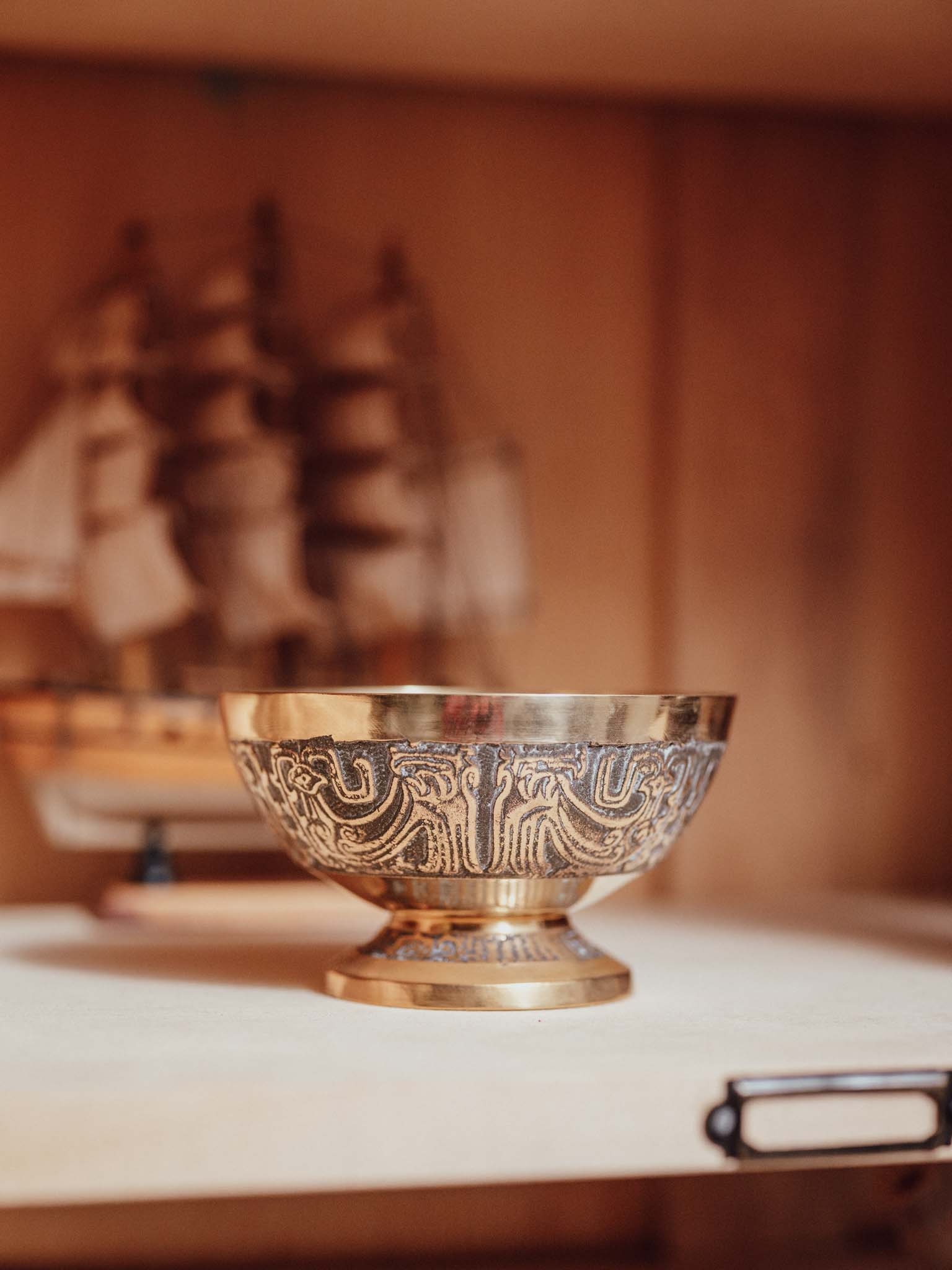 Vintage Brass Footed Bowl with Relief-Cast Decoration