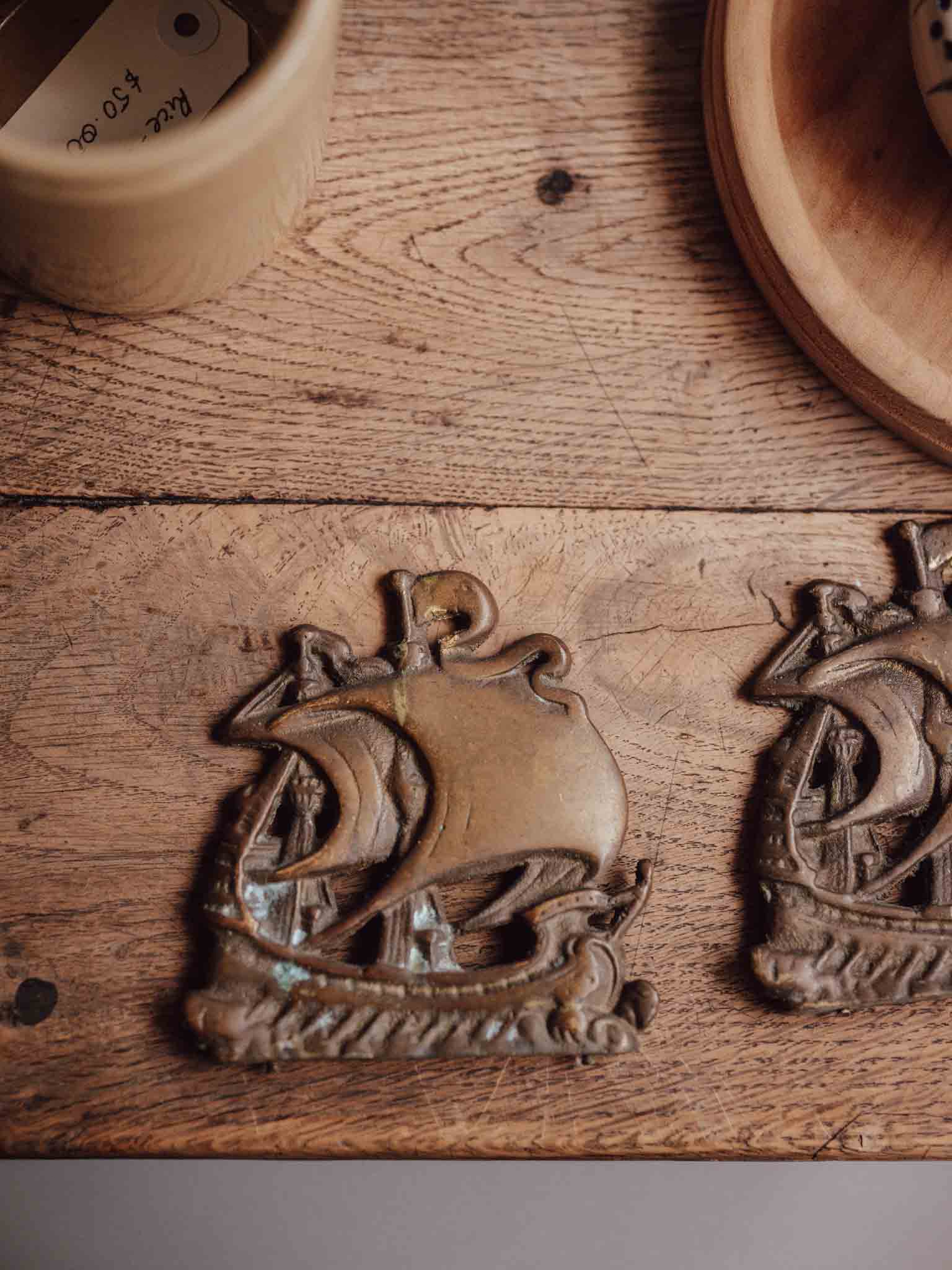 Pair of Cast Brass Sailing Ship Plaques